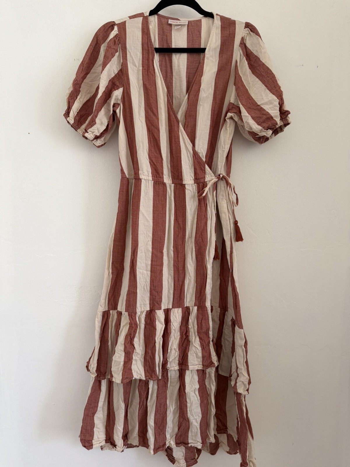 Knox Rose Women’s Tiered Midi Wrap Dress Short Sleeve Vertical Stripe S Cotton