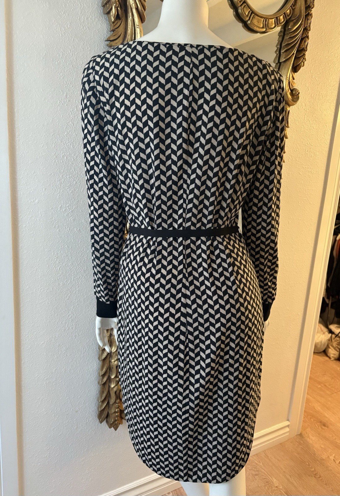 Armani Exchange Black Beige Herringbone Pattern Printed Waist Tie Long Sleeve 6