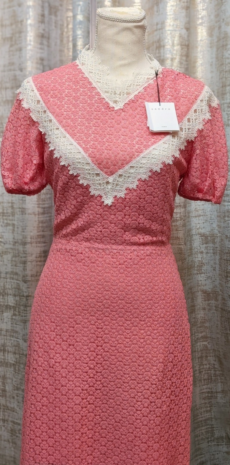 NWT Sandro Paris Gavin Pivoine Pink Floral Lace Puff Sleeve Mini Dress 36 US 4