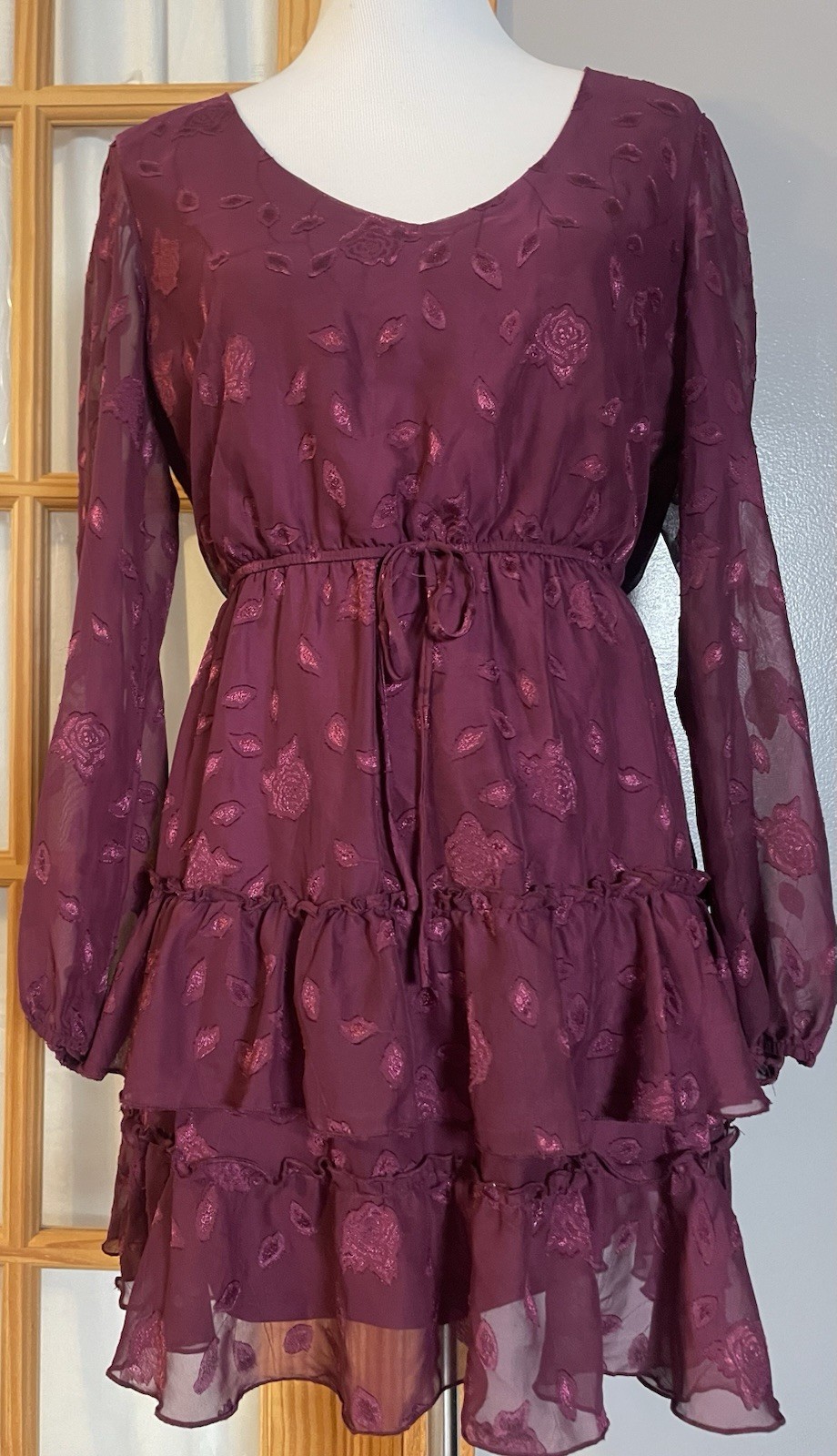 90s City Studio Layered Mini Dress Sz M Purple Floral Long Sleeve Ruffles Modern