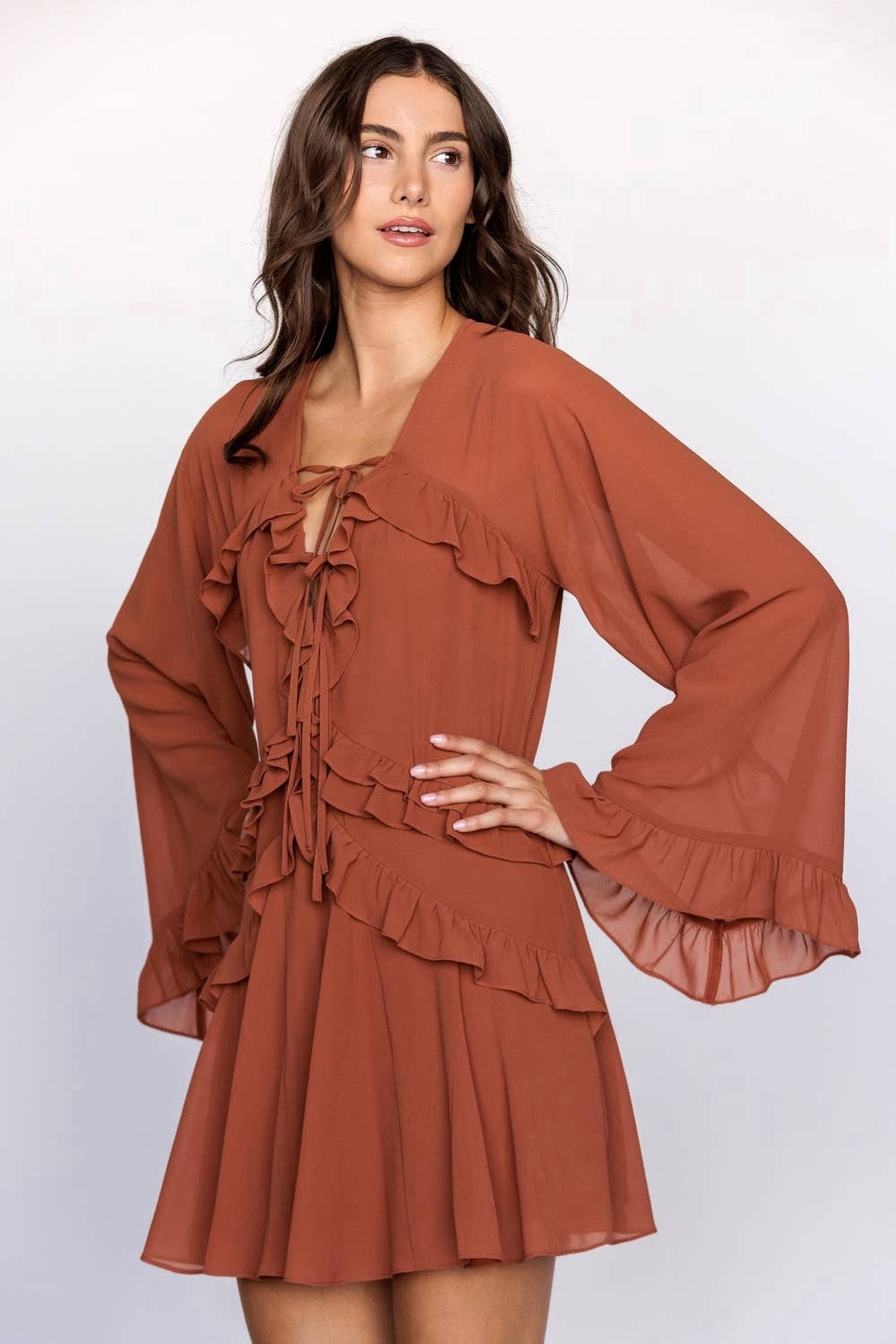 Womens Rust Solid Mini Dress V-Neck Bell Sleeve Tie Ruffle Lightweight S