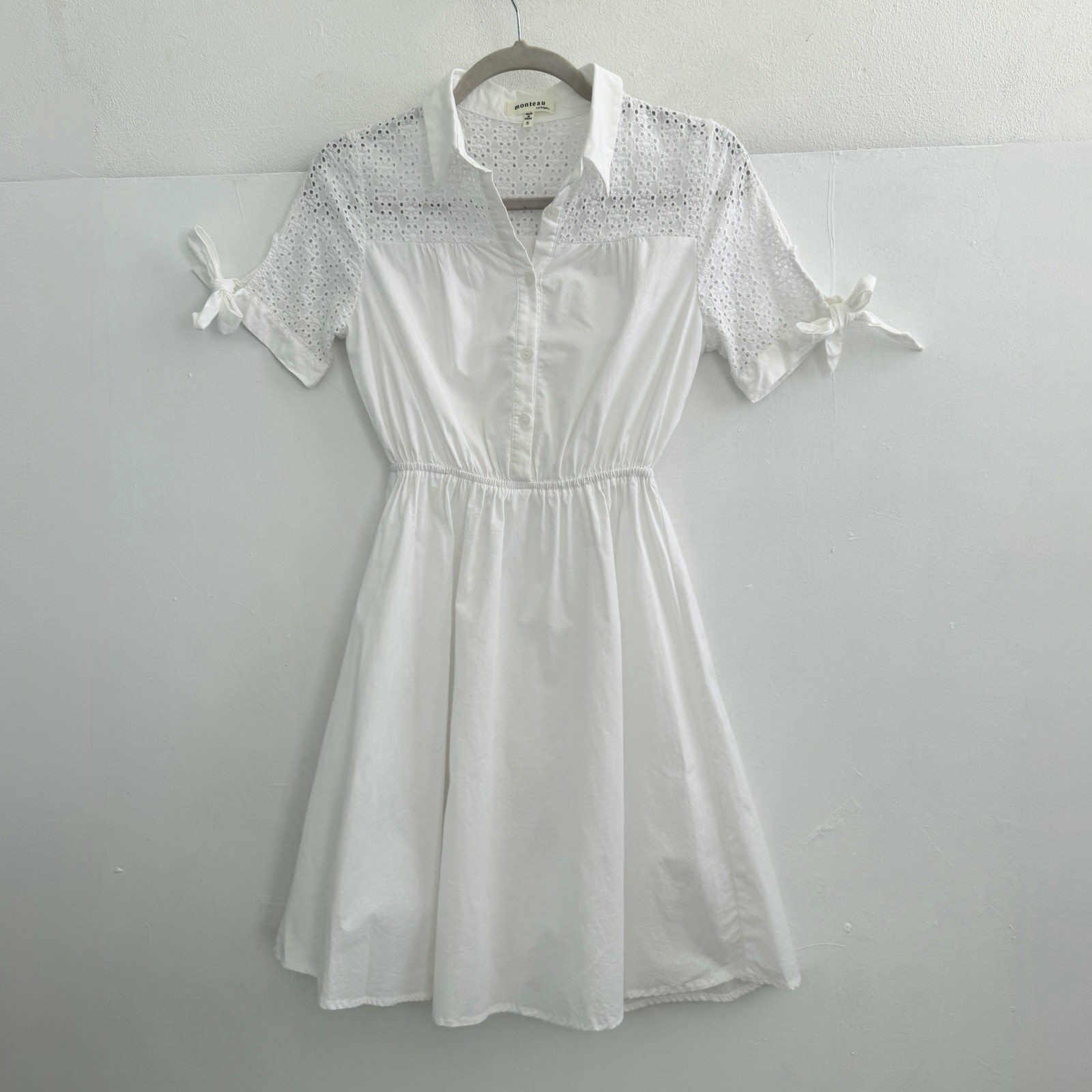 NEW MONTEAU White Eyelet Button Front Dress SMALL Short Sleeve Tie Cuff Women