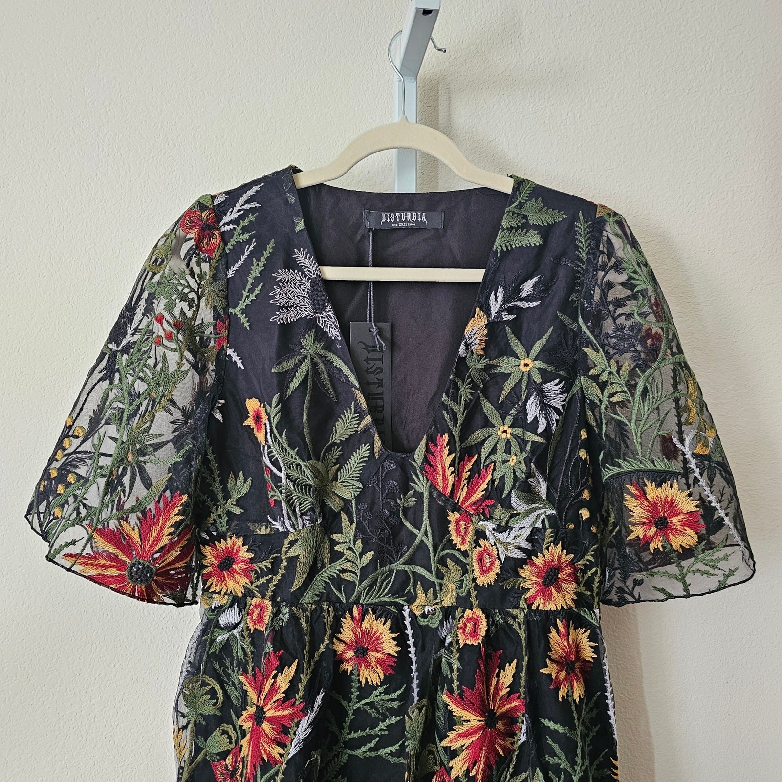 DISTURBIA NWT Wildflower Embroidered Floral Boho Goth Mesh Mini Dress Sz US 8
