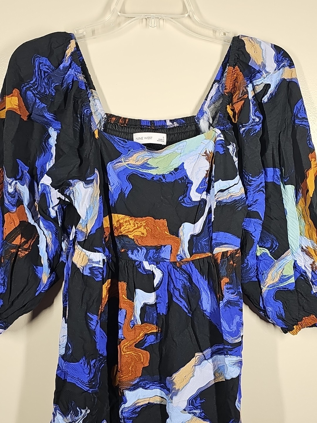 NINE WEST Blue Abstract Print Puff Sleeve Babydoll Lined Dress Size Small
