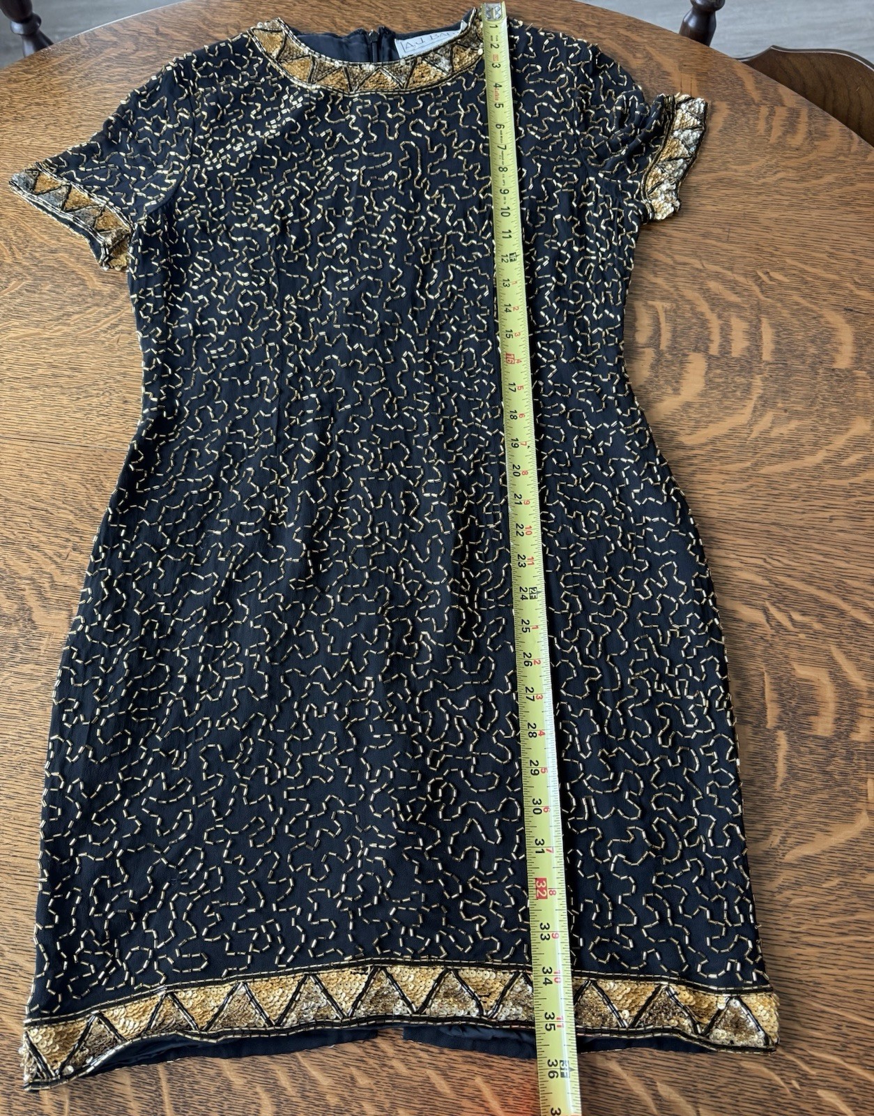 AJ Bari Mini Dress Size 12 Sequin 100% SILK Black and Gold Beaded Vintage