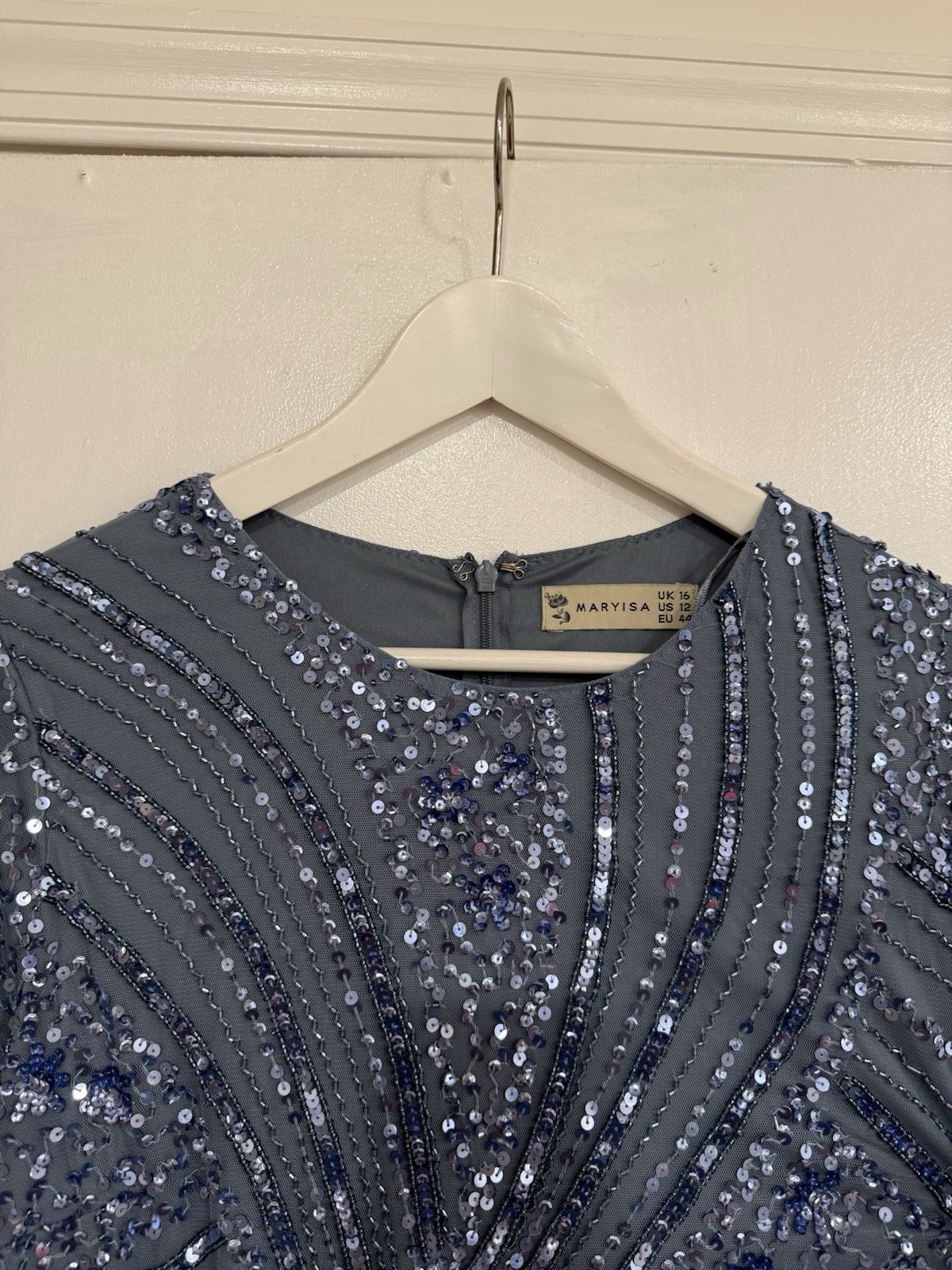 Maryisa Blue Sequin Beaded Mesh Crew Neck Long Sleeve Maxi Formal Dress 12