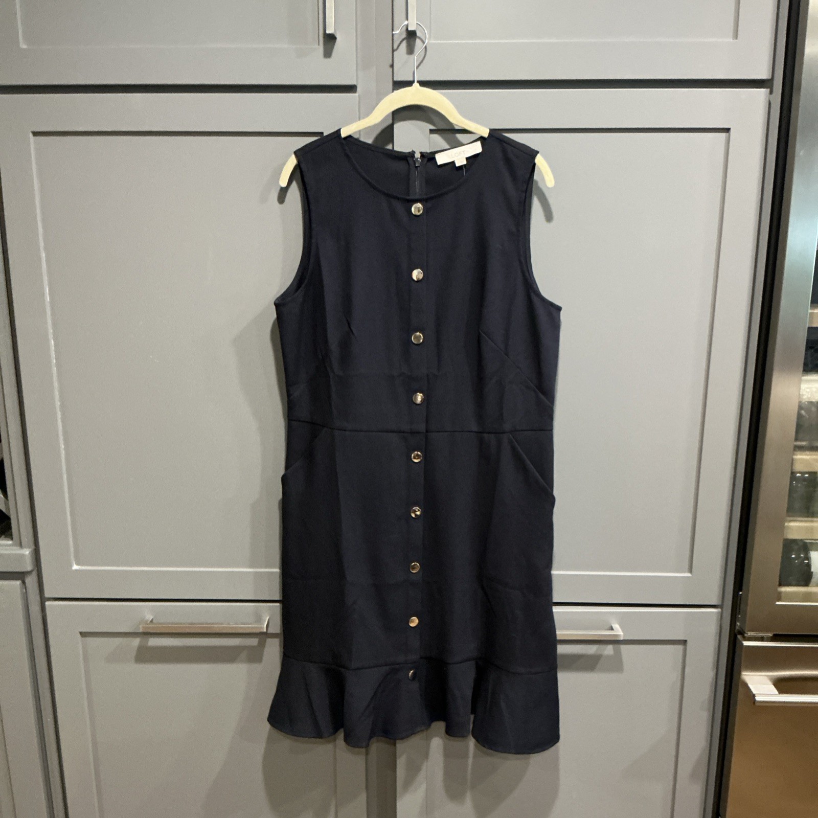 LOFT Navy Sleeveless Sheath Dress Knee Length Button Ruffle Pockets Stretch 12