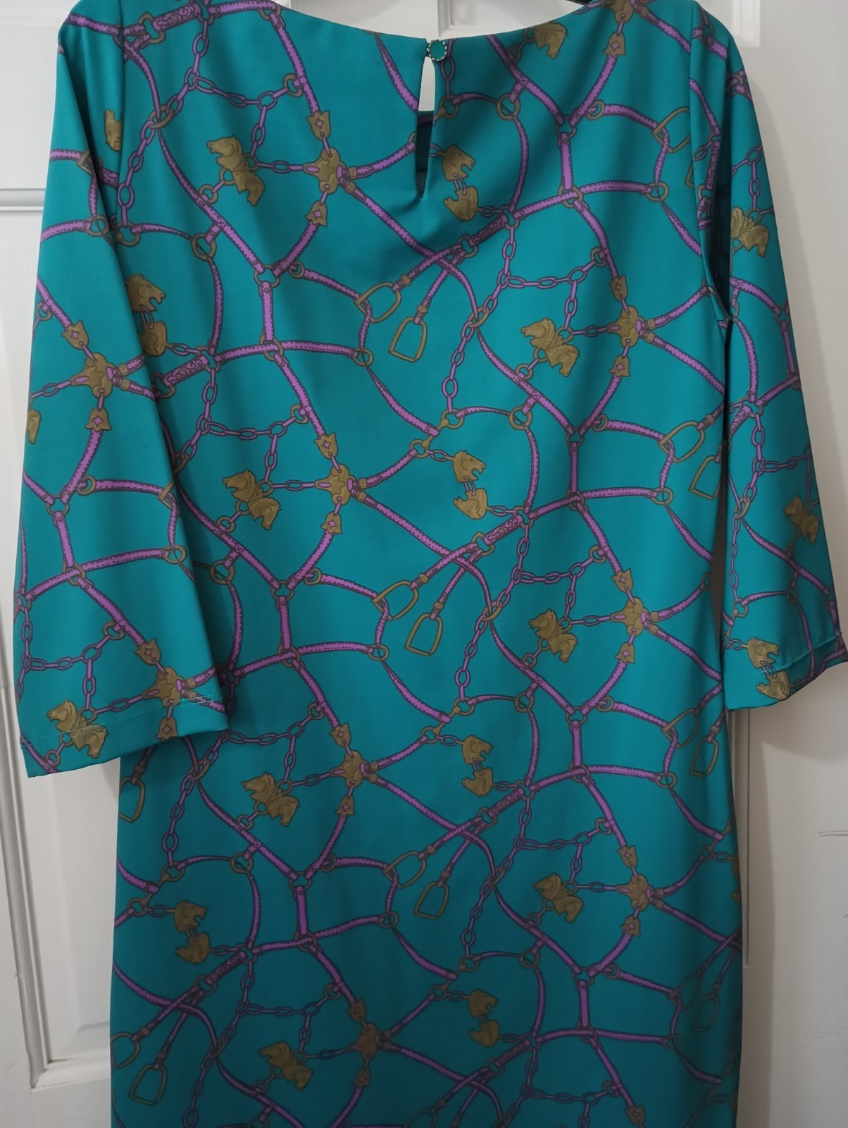 Britt by Britt Ryan Equestrian Shift Dress Horse Bit & Bridle Print Aqua Small