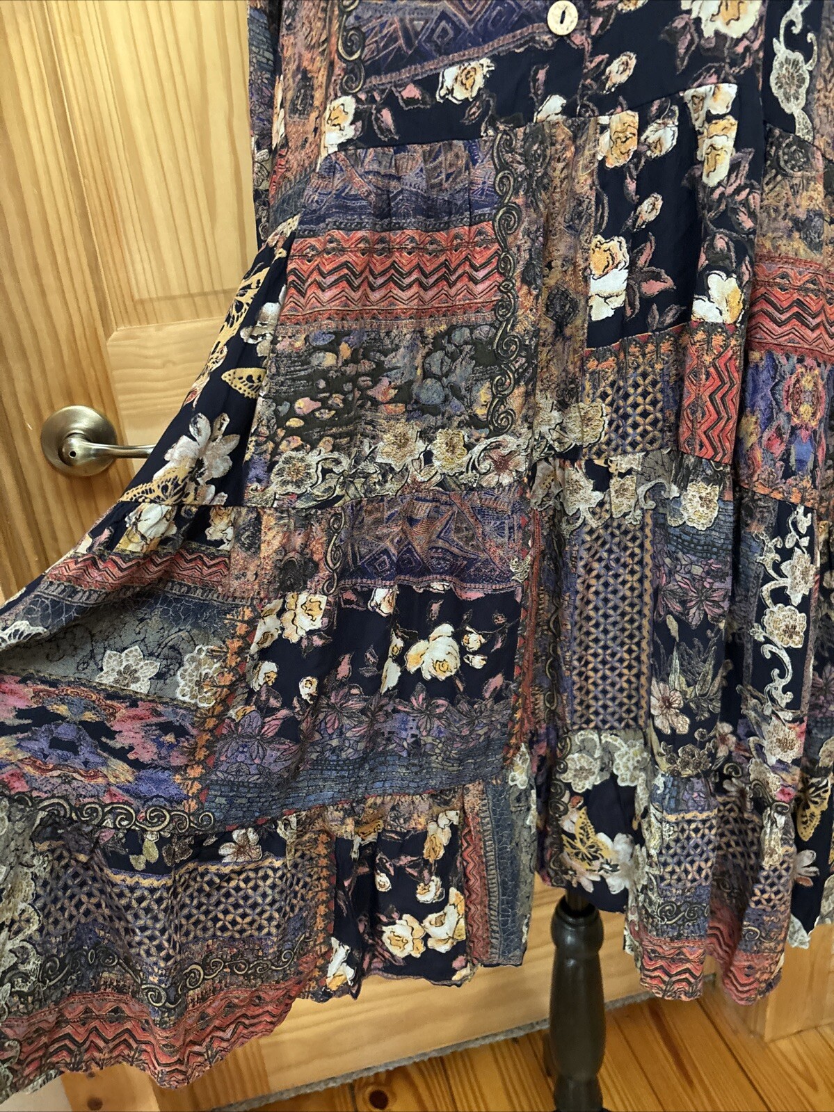 Papillon Patchwork Printed Dress Women’s XL Boho Artsy Blue Floral Style 15526