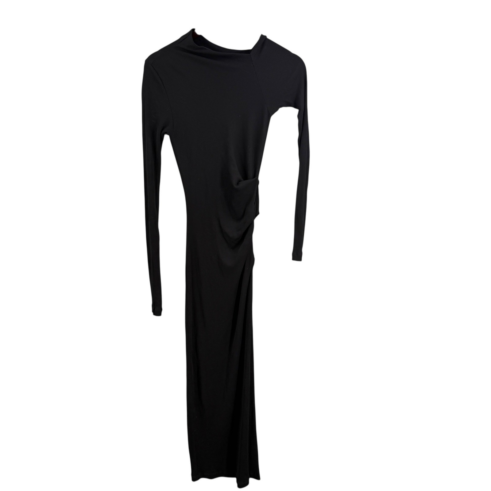 Helmut Lang Ribbed Knit Maxi Dress XS Black Long Sleeve Asymmetric Draped