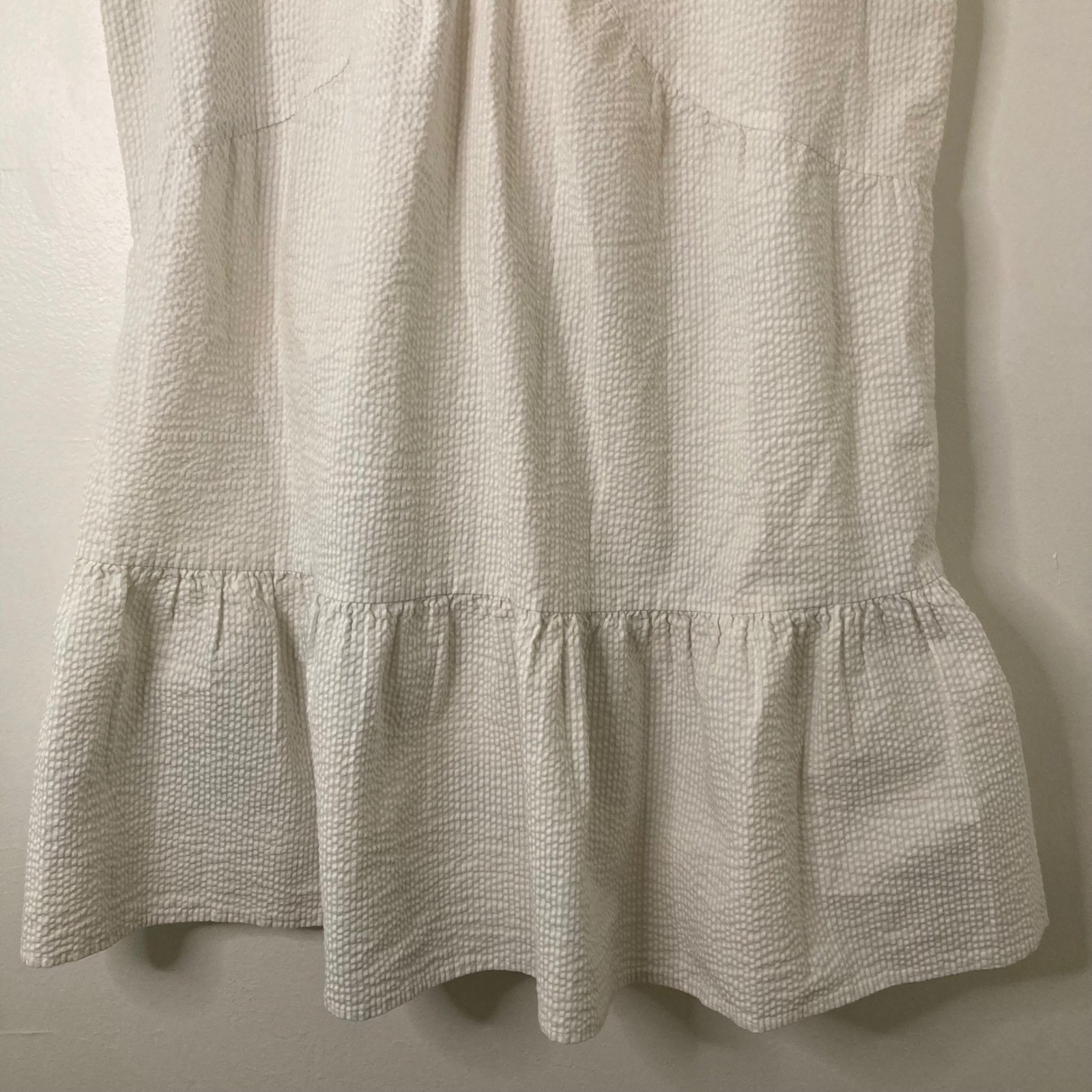 Coastal White Seersucker Tiered V-Neck Mini Dress Cottage Babydoll Pockets XL