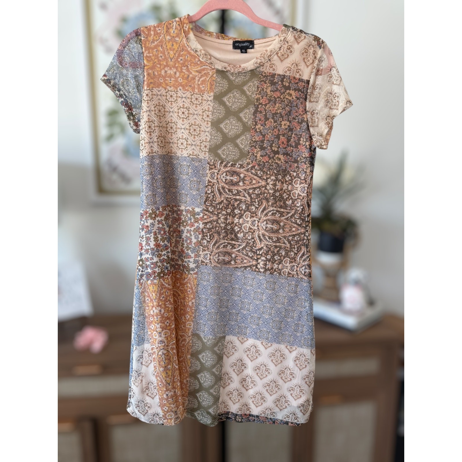 Originality Short Sleeve Mesh Patchwork Mini Dress Multicolor Womens Size Medium
