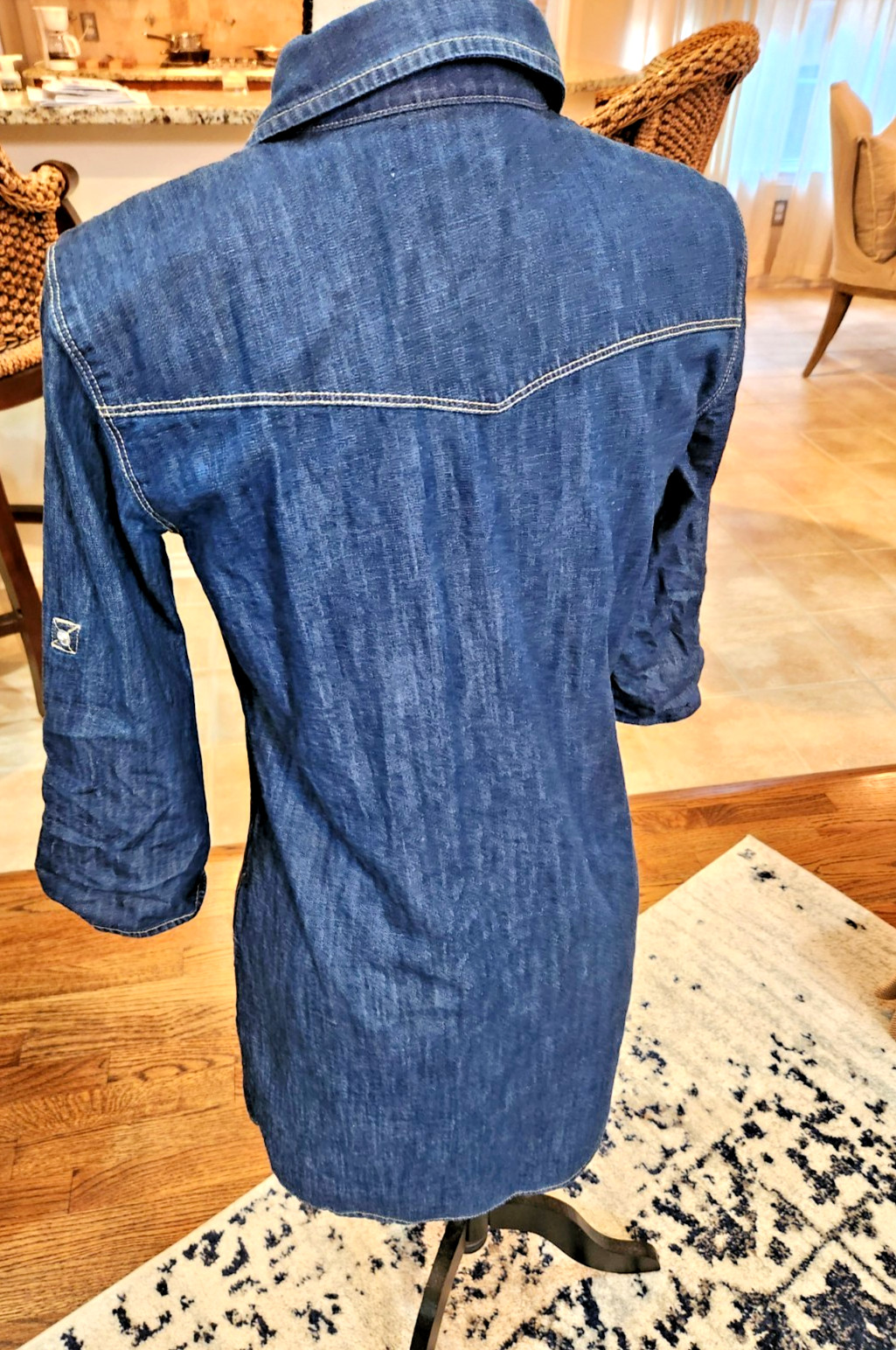 Mango Denim Dress Blue Snap Button Front Size XS, 39 inches from collar to hem