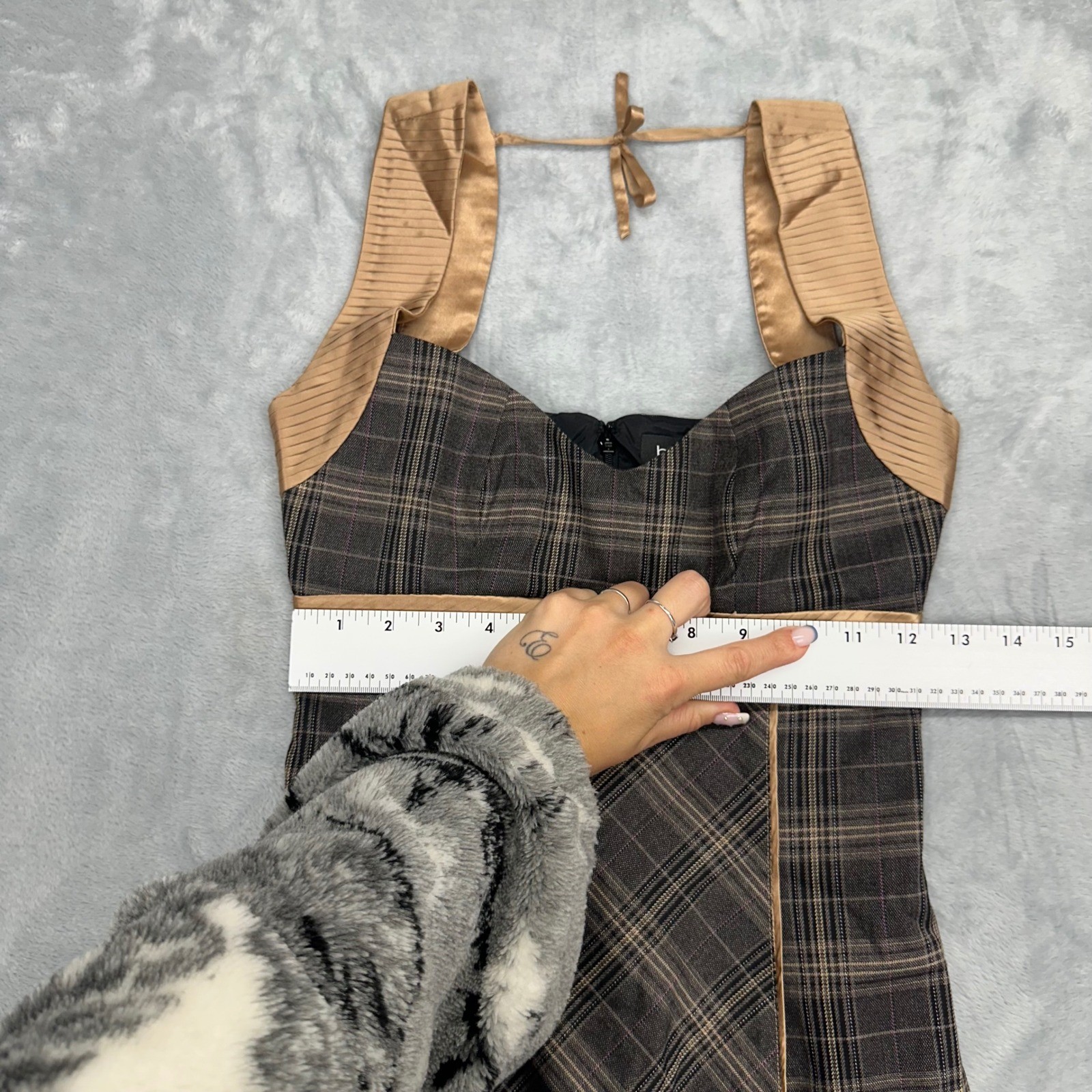 Y2K Bebe Plaid Halter Mini Dress Brown Tan Satin Trim Lace Ruffle Size 0