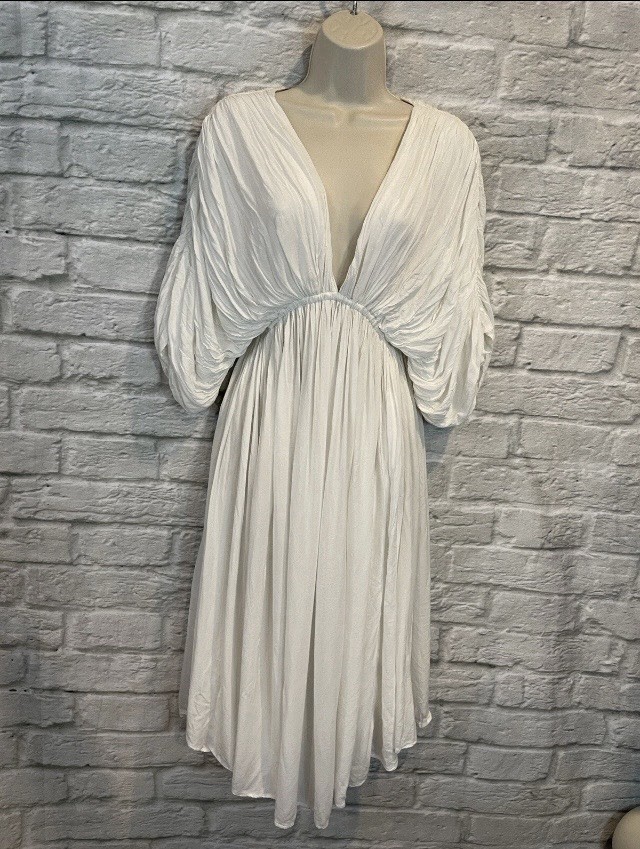 Inda Amerta Gathered Midi Dress in Bone XS Angelic Greek Goddess Empire Waist