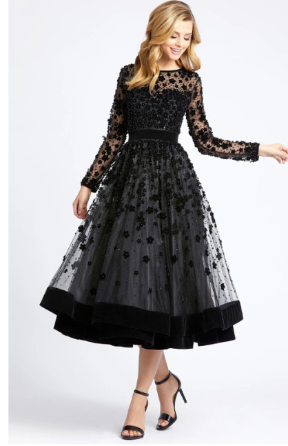 MAC DUGGAL 67007D Black Floral 3D Luxe Velvet Sheer Long Sleeve Tea Dress 10 US