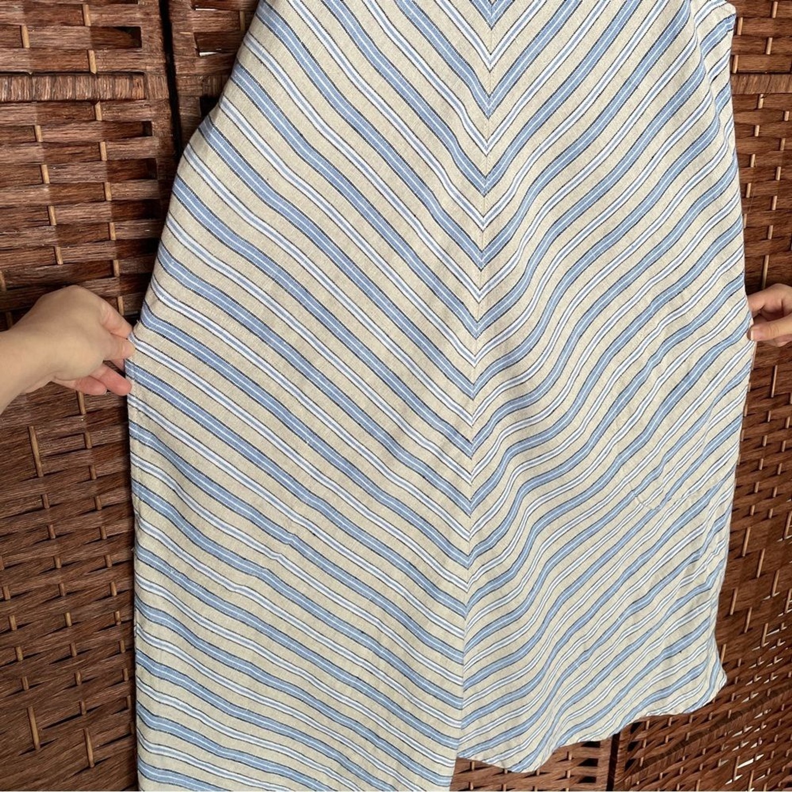 Lands’ End Sleeveless Striped Midi Dress 100% Linen Nautical Sailor Cruise, M.