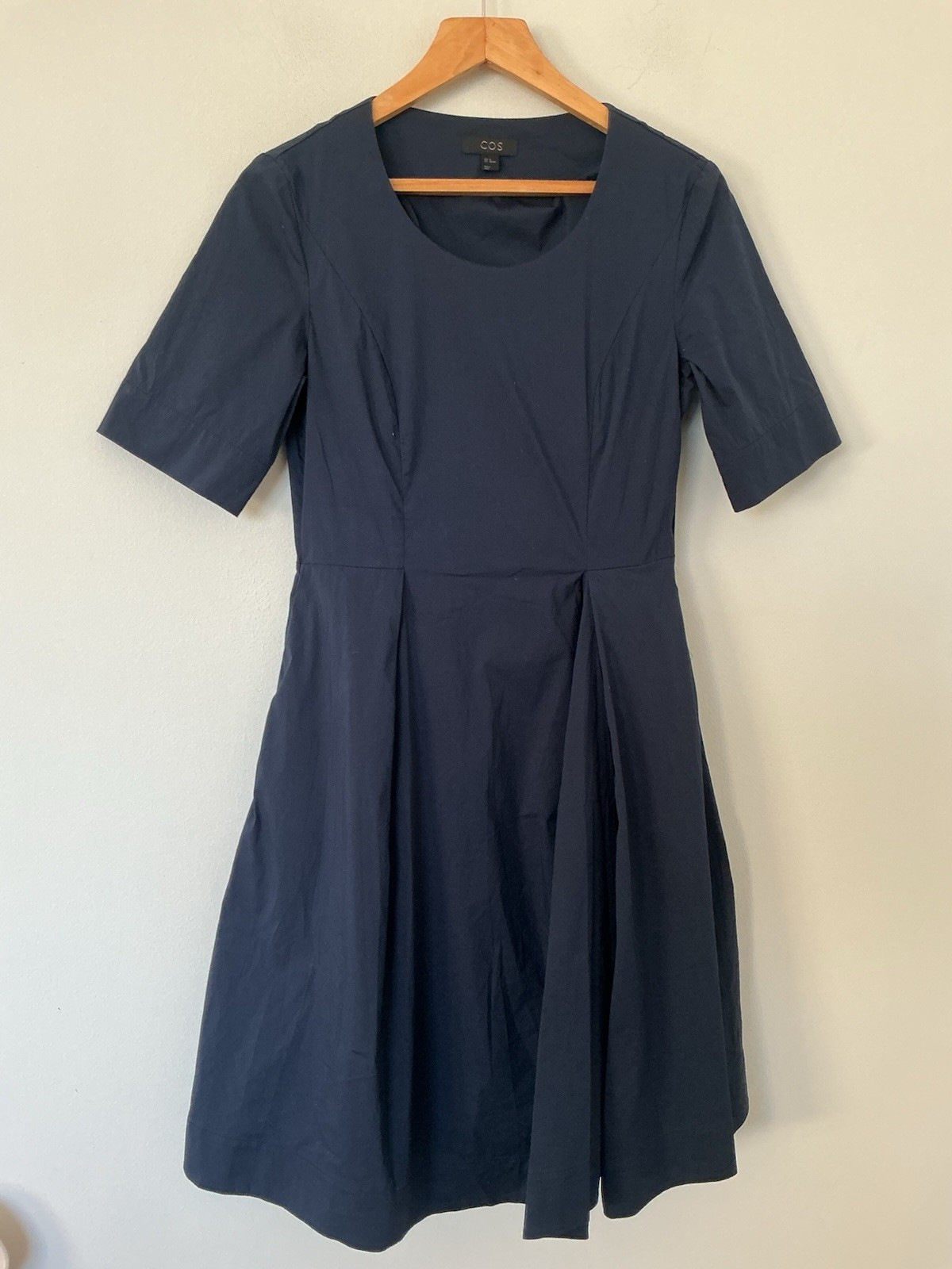 COS Size Small Navy Blue Cotton Mix Skater Dress Short Sleeves Pleated Flare