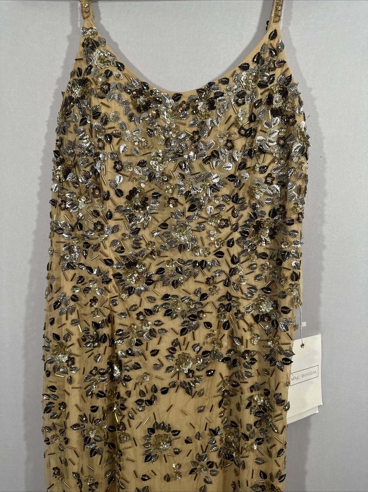 NWT $598 Mac Duggal [ 14 ] 5477 Floral Embellished Scoop Neck Gown Gold #Q945