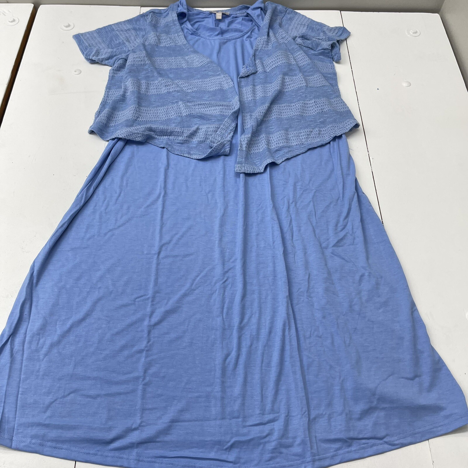 Woman Within Blue 2 Piece Dress Short Sleeve Cardigan Set Women Plus Size 18/20
