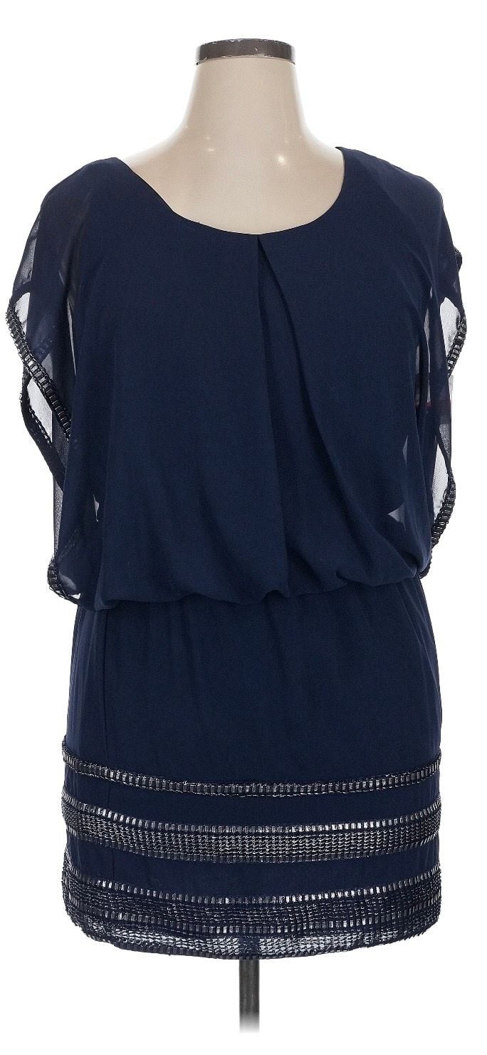 SLNY SL Fashions New York Navy Blue Beaded Blouson Cocktail Dress