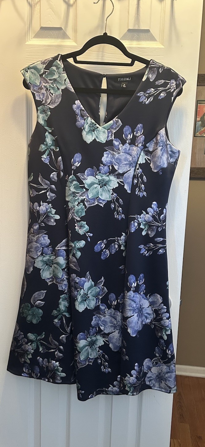 Roz & Ali Sleeveless A-Line Navy Blue Floral Dress – Knee Length | Size 12 New
