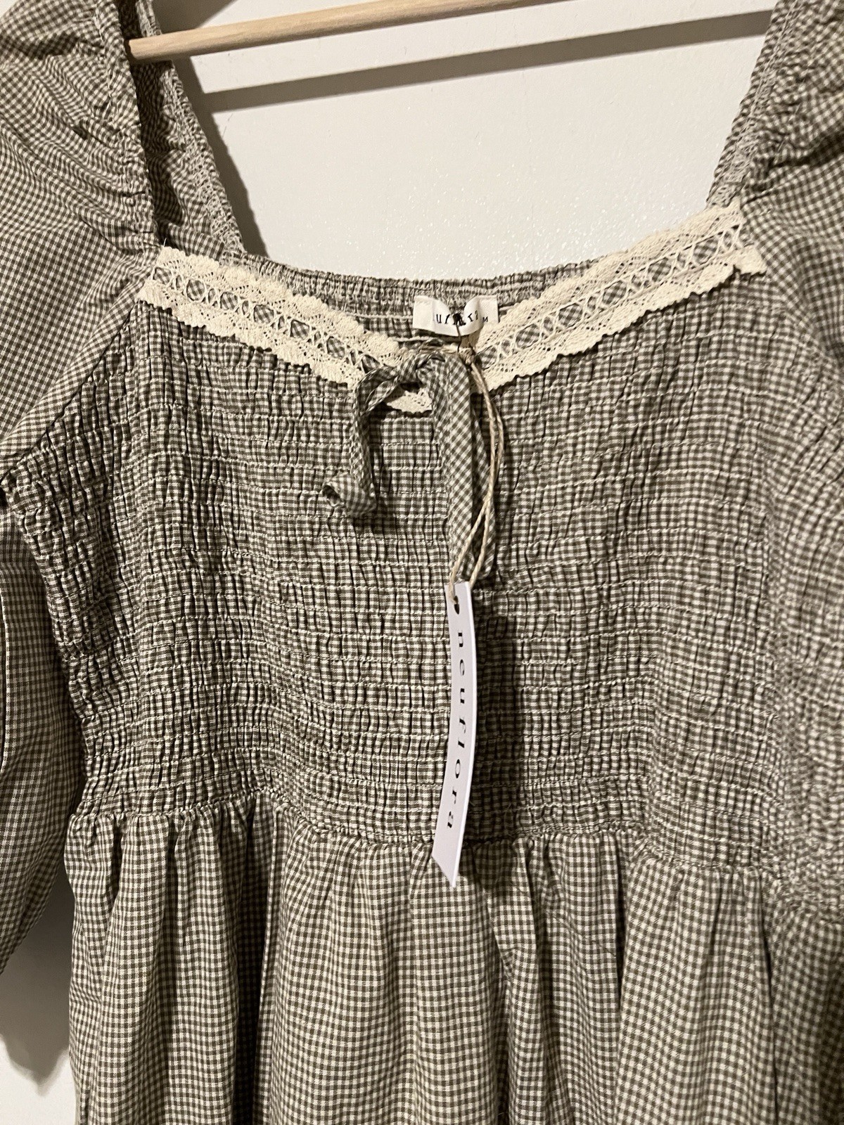 NWT Neuflora Dublin Dress In Green Gingham Lace Detail Size Medium