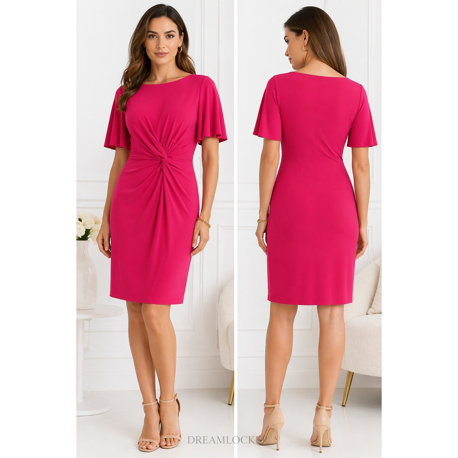 Lauren Ralph Lauren Pink Ruched Sheath Dress Size 4 Jersey Flutter Sleeve Knee