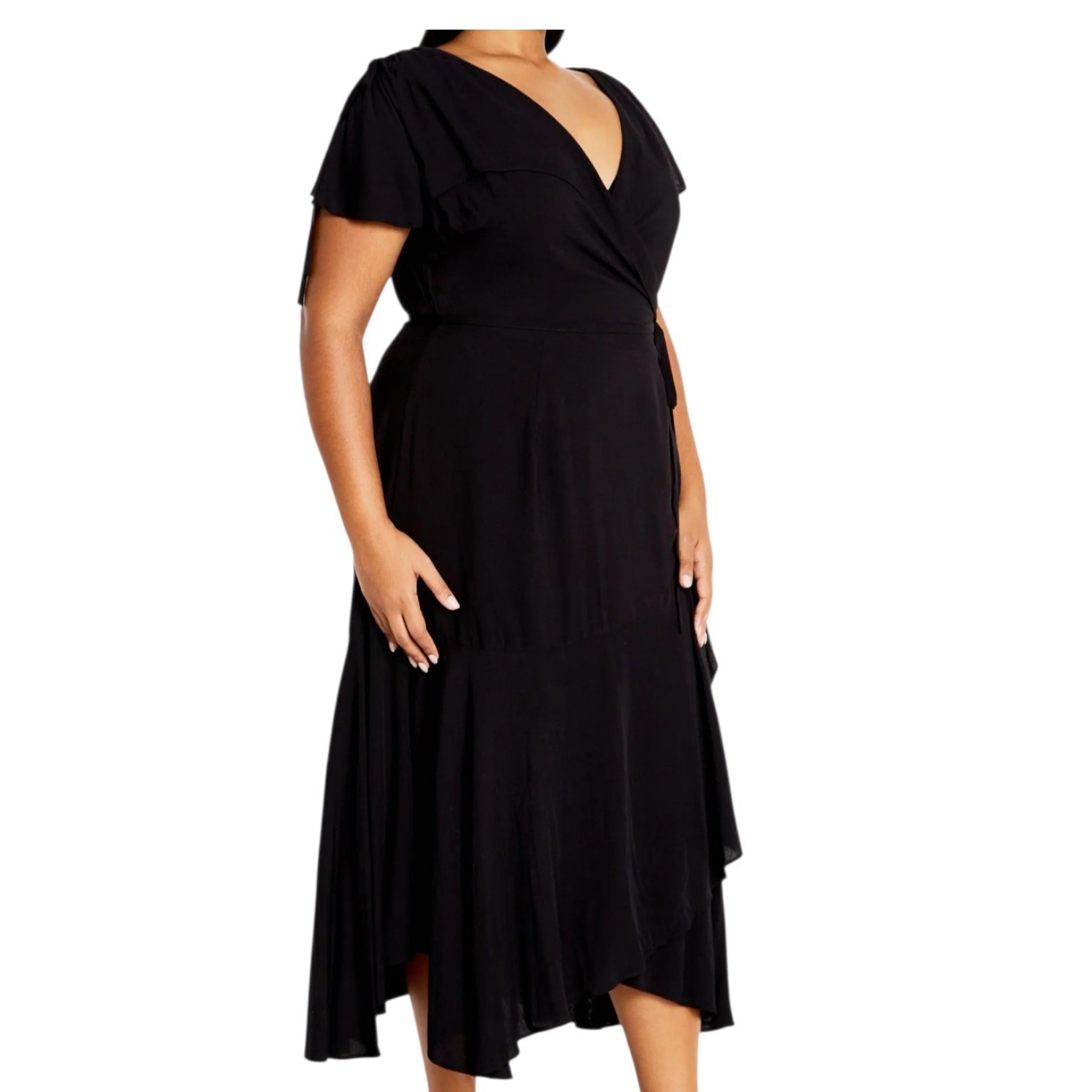 City Chic Women’s Plus L/20 Black Wrap Maxi Dress Asymmetric Ruffle Skirt