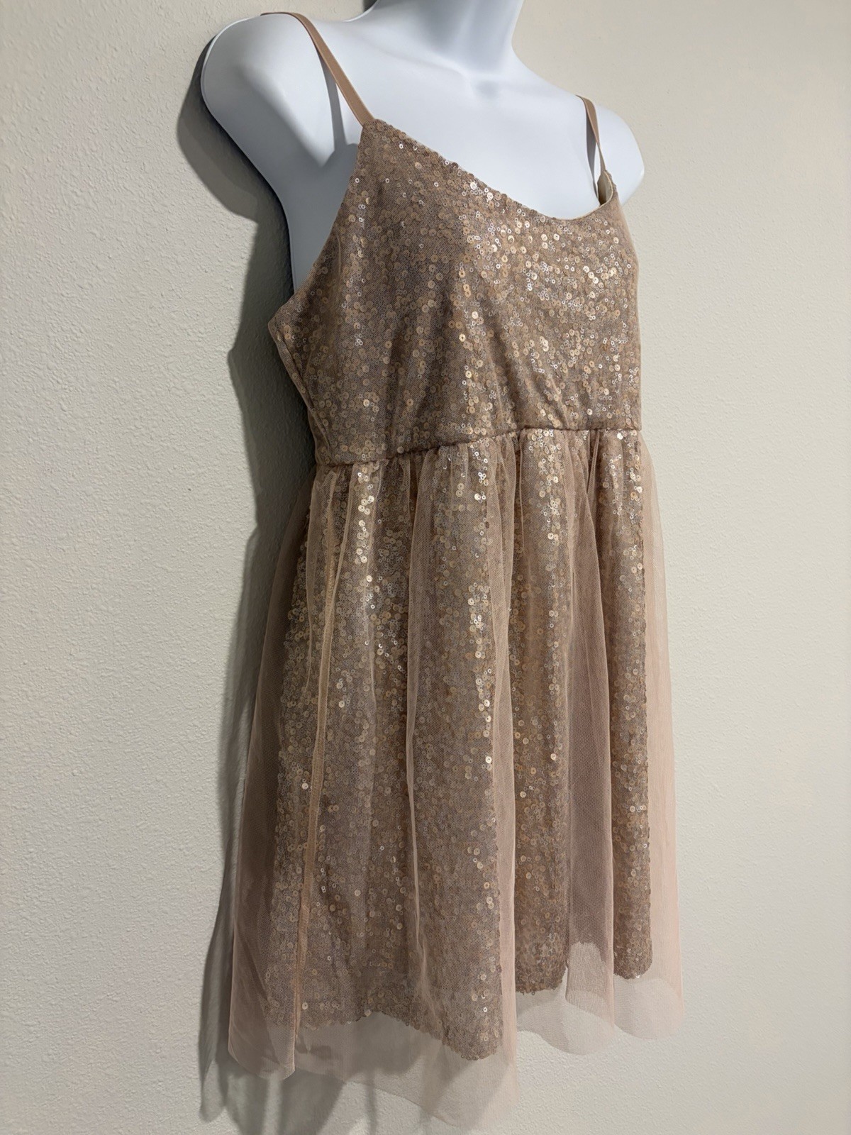 Blush Pink Sequin Tulle Overlay Mini Dress~Jr L~Empire Waist Balletcore Party