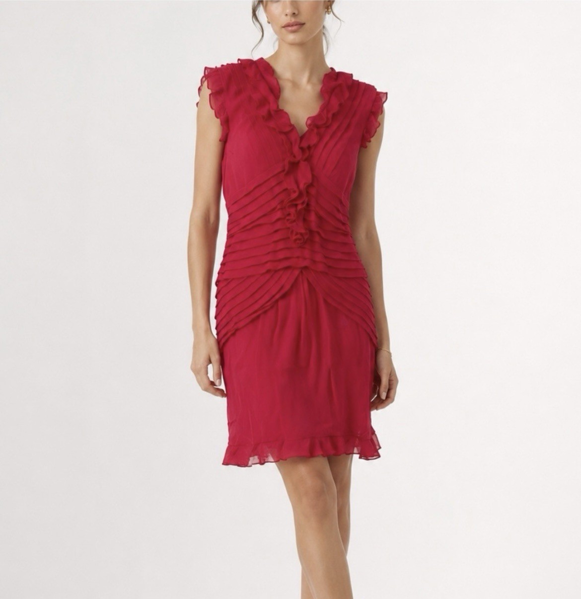 Carolina Herrera Authentic Designer Silk Chiffon Cherry Red Ruffle Midi Dress 6
