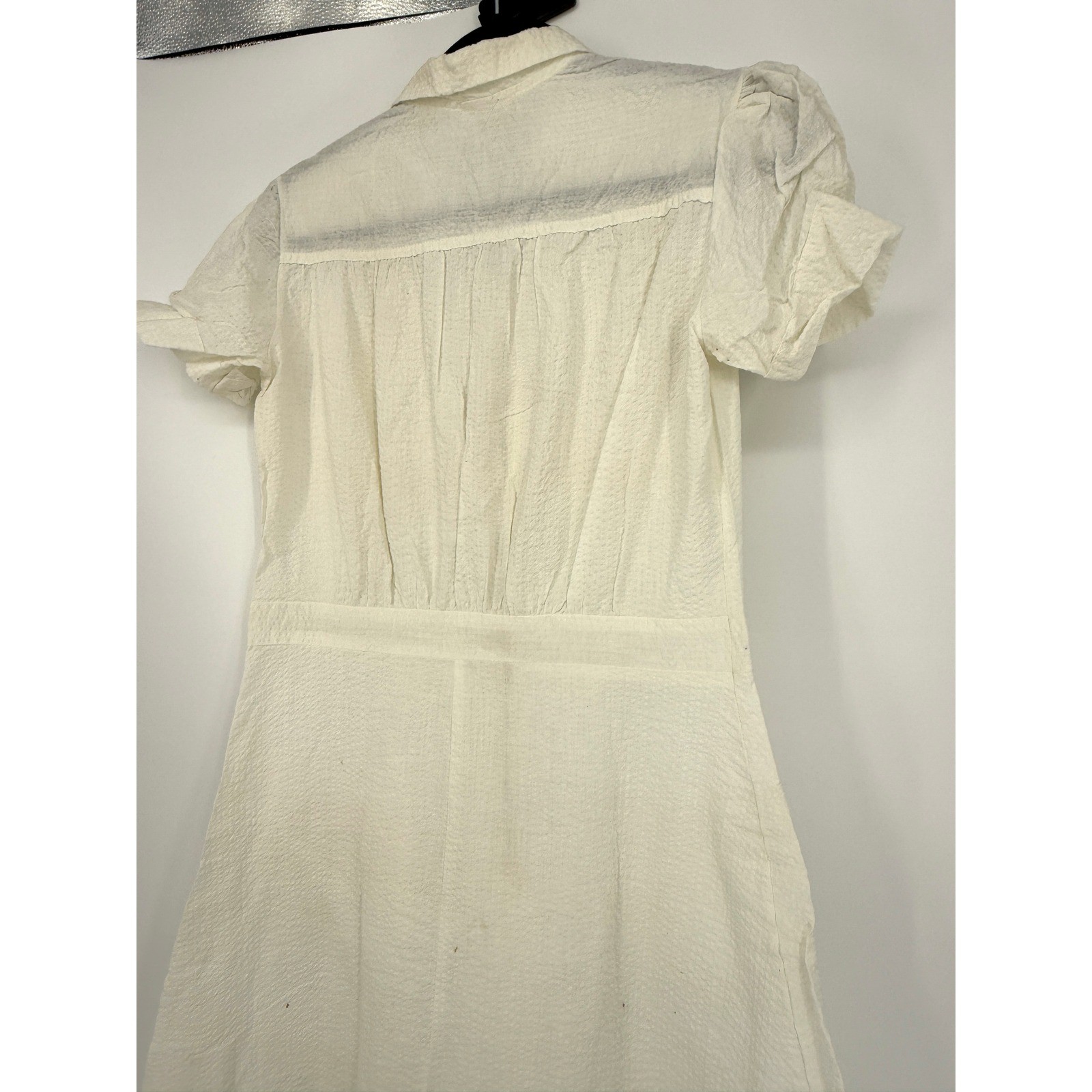 vtg 1940s 50s Linda Lane White Seersucker Uniform Dress Zip Front Pockets Sz 16