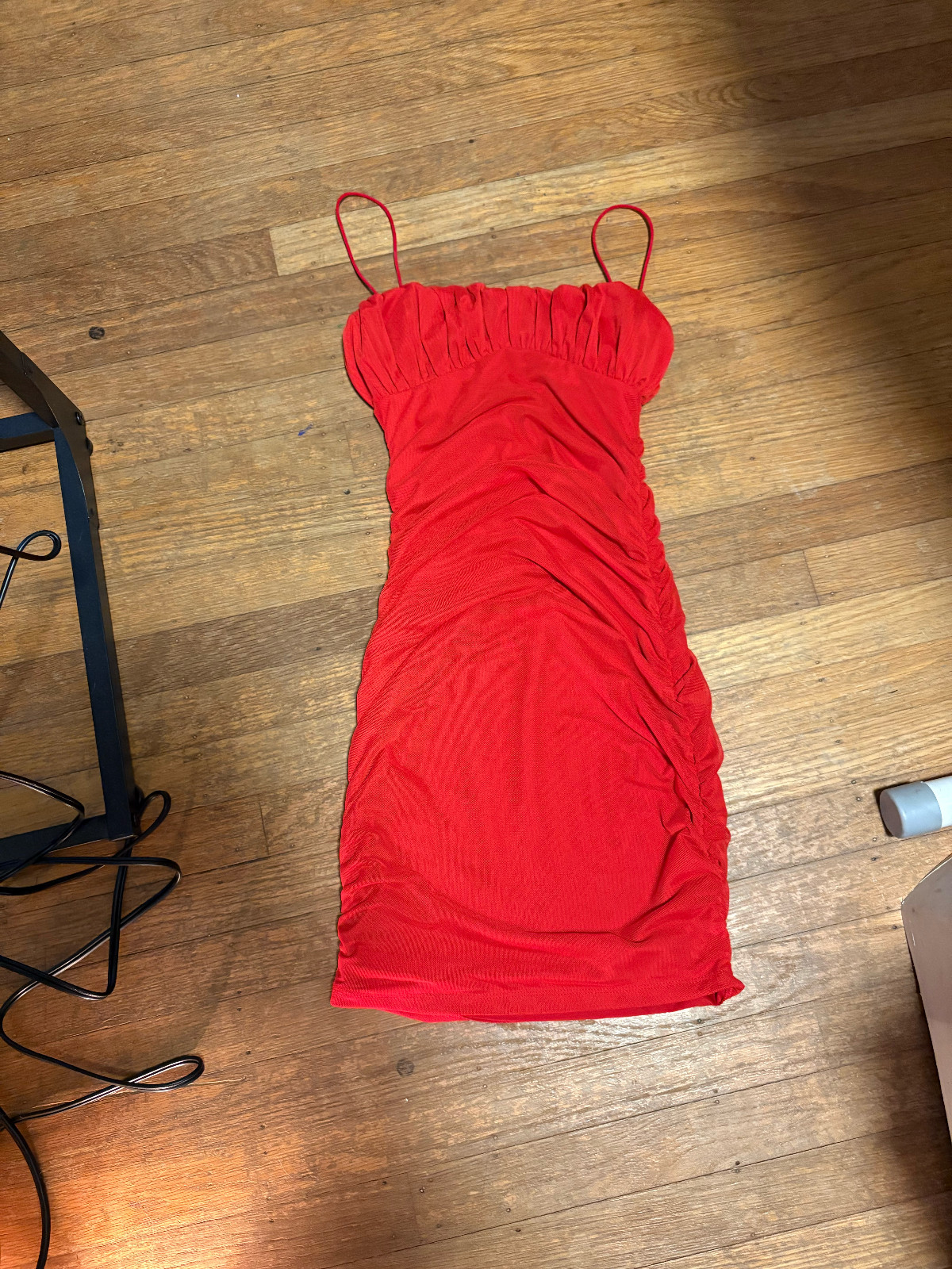 Women’s Solid Ruched Mesh Bodycon Spaghetti Strap Mini Dress Red or Black US2