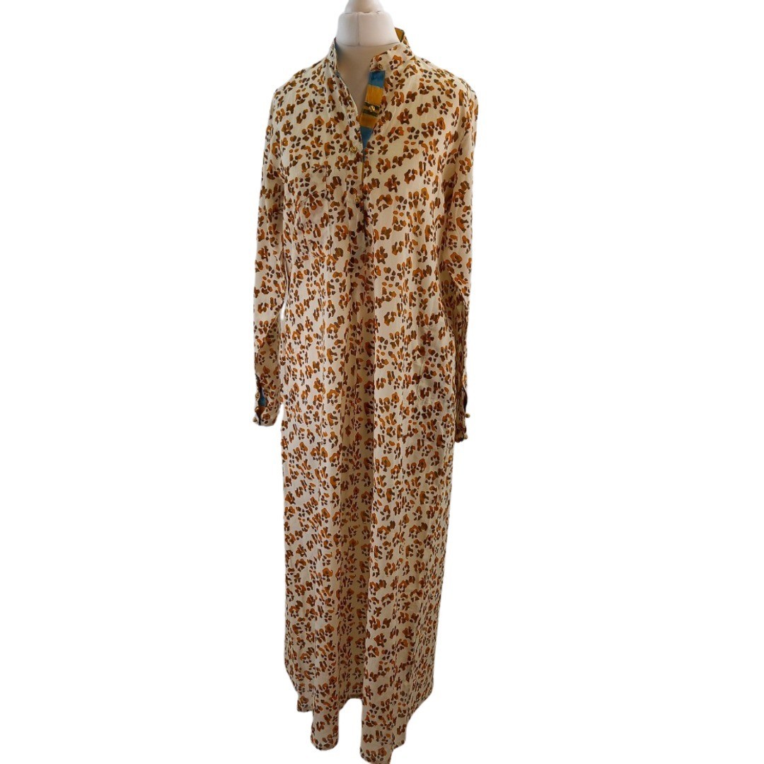 Lisa Corti Maxi Dress Size S Kaftan Animal Print Cotton Button Neck