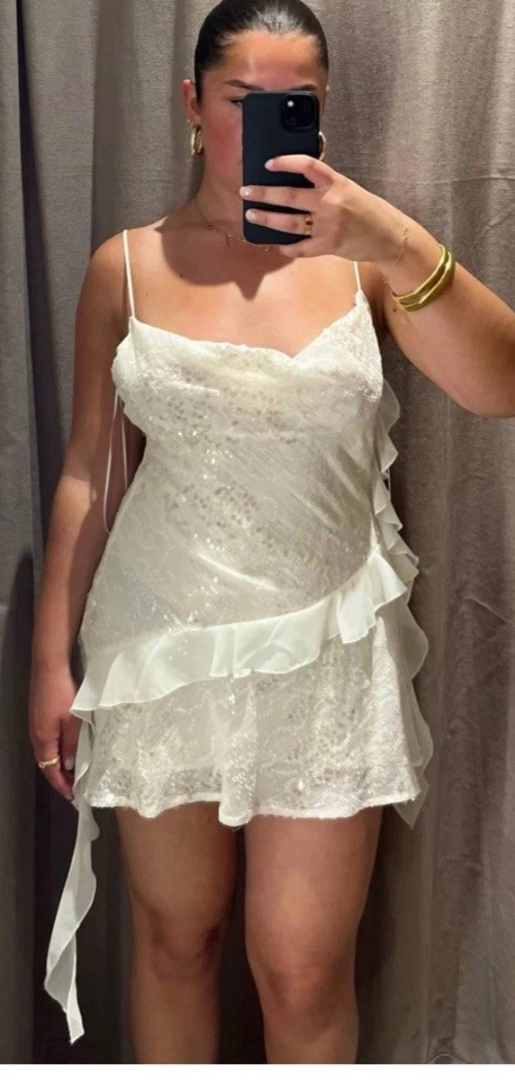 ZARA WOMAN SS25 OYSTER-WHITE SEQUIN RUFFLE MINI DRESS ALL SIZES 3658/849/251 NWT