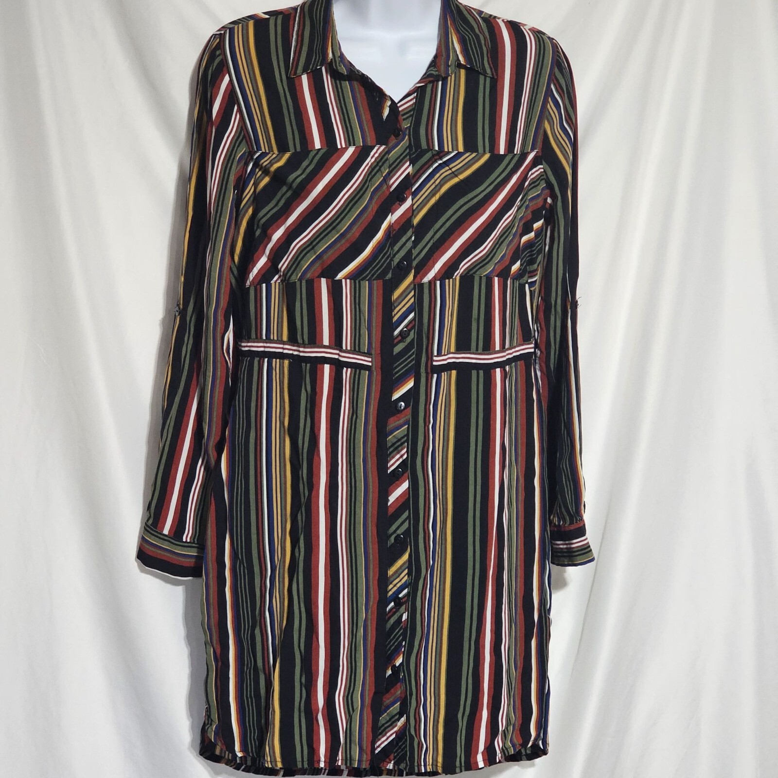 Love Notes Vertical Striped Fall Hues Button Down Shirt Dress Size M