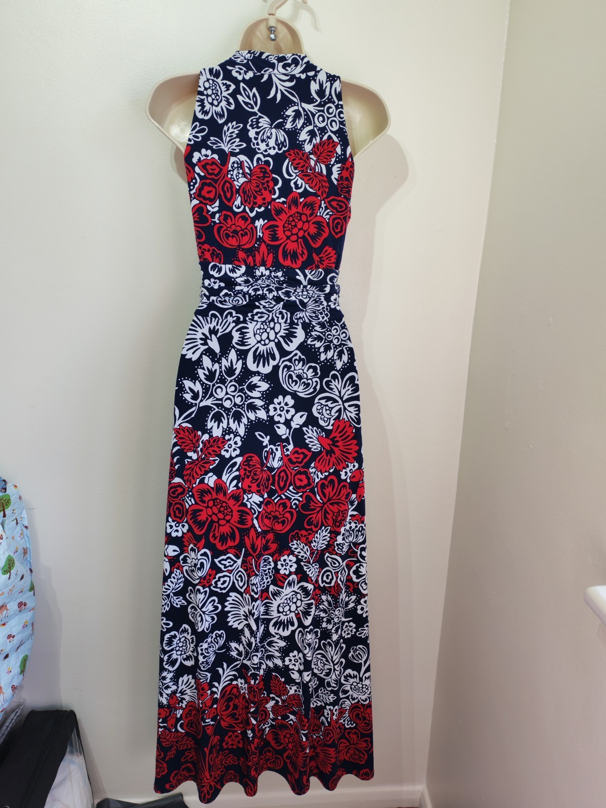 Precis navy blue red floral print slinky long maxi dress L 14 summer holiday