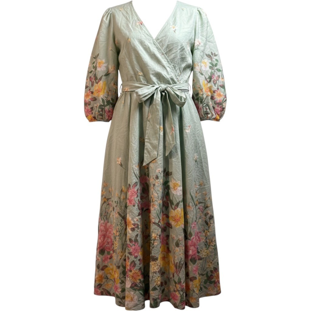 Harlow Rose Sage Green Floral Wrap Maxi Dress Puff Sleeve Sz 1X Party Romantic
