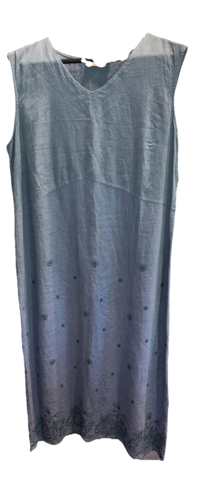 IVY BLUE V-Neck Linen Rayon MAXI DRESS Lagenlook USA Made Floral Accents SIZE 14