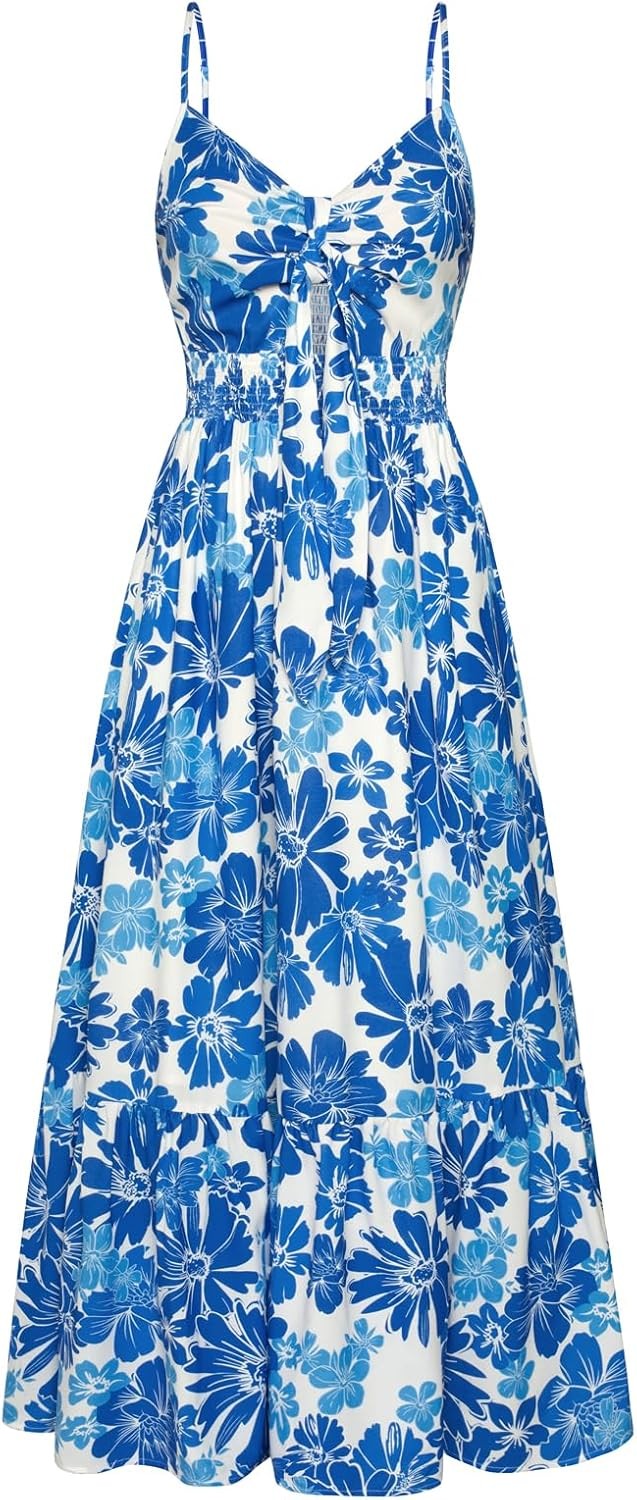 Women’s Maxi Dress Floral Tie Front Strap Boho Beach Flowy Sundress with Pockets