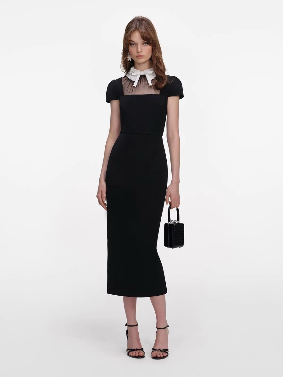 Women Self-Portrait Black Contrasting colors Turn-down collar Beaded Dresses