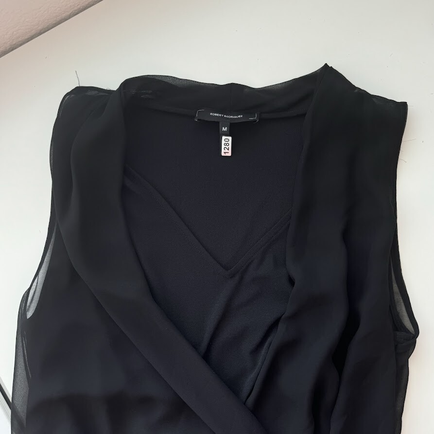 Robert Rodriguez Dress Medium Black Wrap Midi V-Neck Sleeveless Chiffon Overlay
