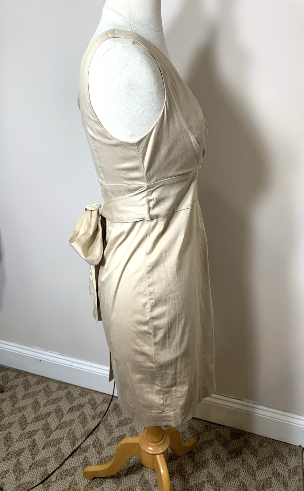 Talbots Sundress Womens Petite 8 Khaki Cotton Stretch Neutral Bow V-Neck