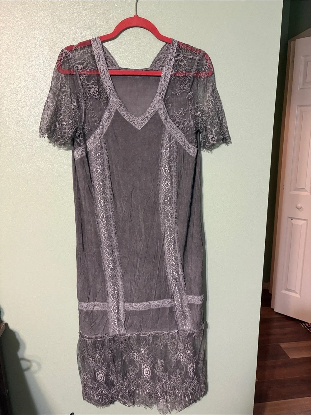 POL Gray Lace-Trim Midi Dress