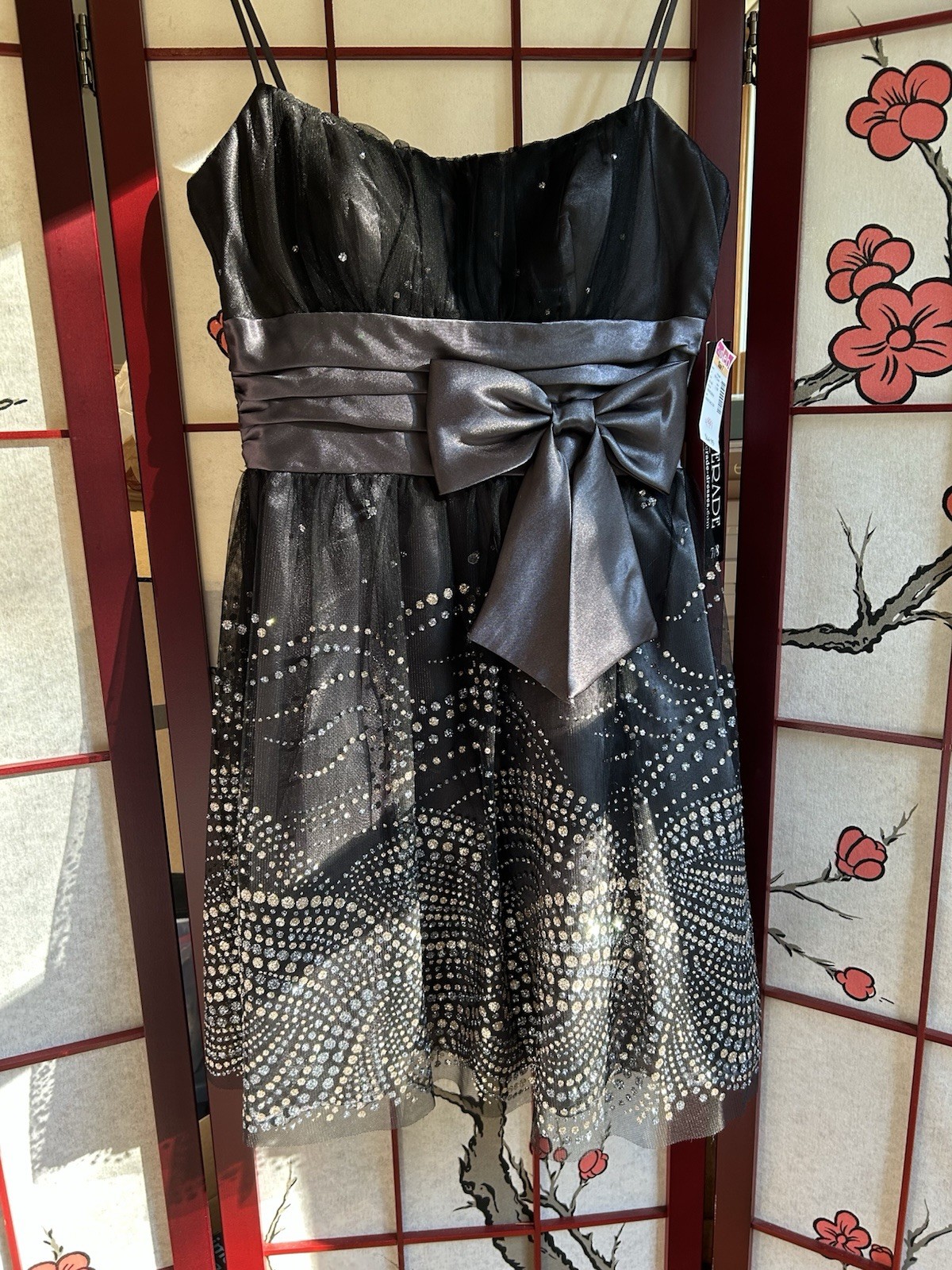 Masquerade Fit & Flare Dress Black Juniors 7/8 Knee Sweetheart Satin Tulle Bow