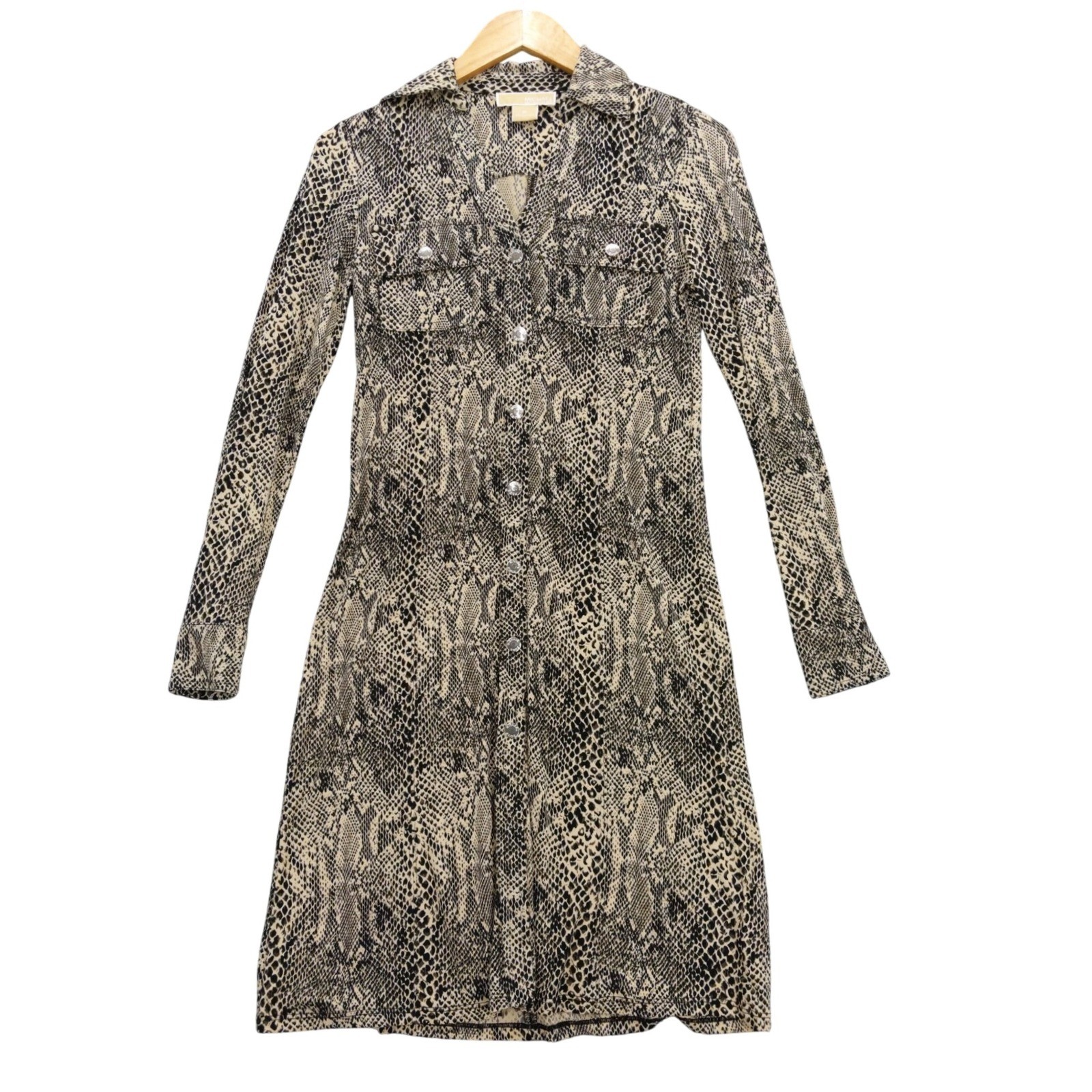 Michael Kors Snake Print Button Front Shirt Dress Long Sleeve Pockets Petite P