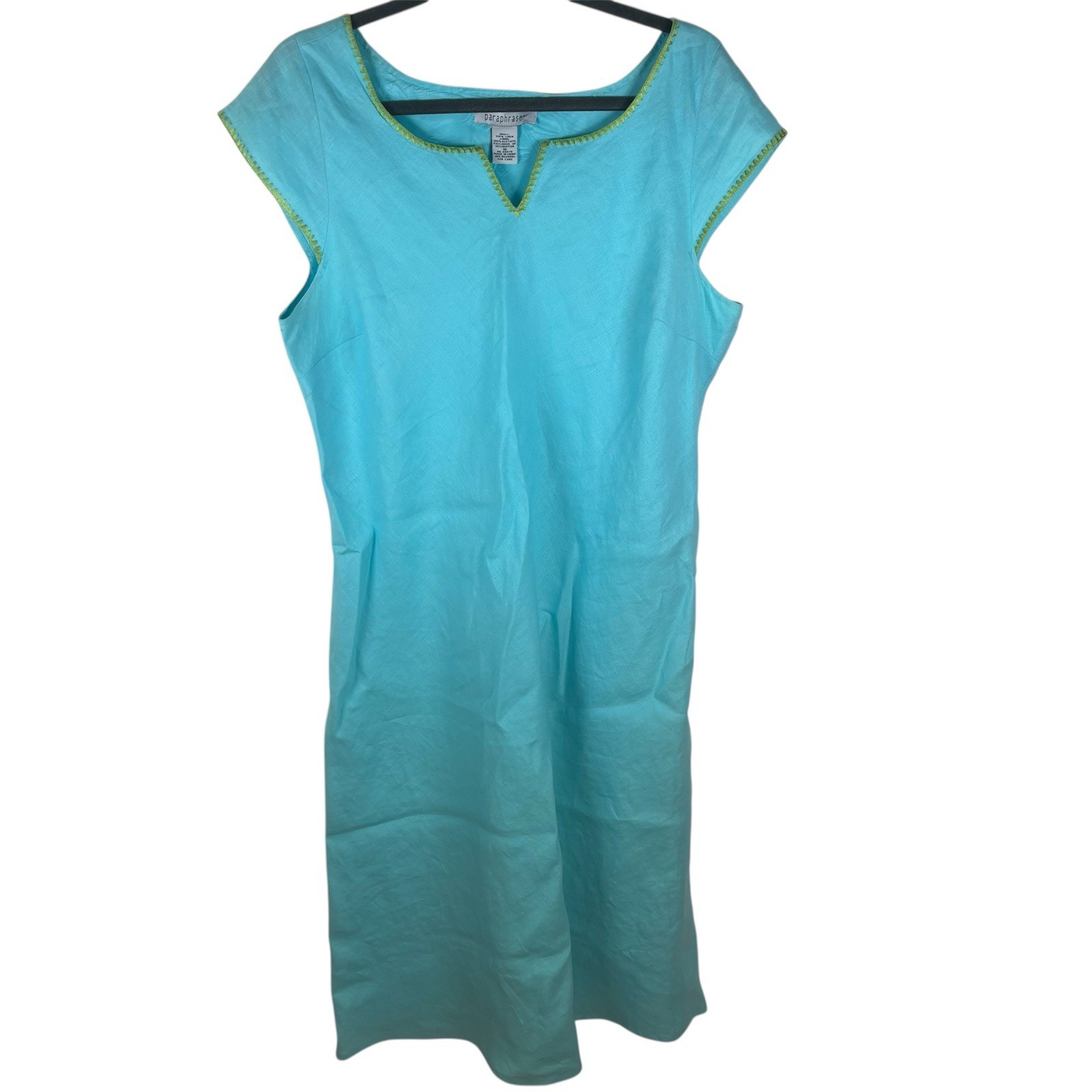 Paraphrase Womens 16 Teal Cap Sleeve Linen Shift Sheath Lined Dress EUC