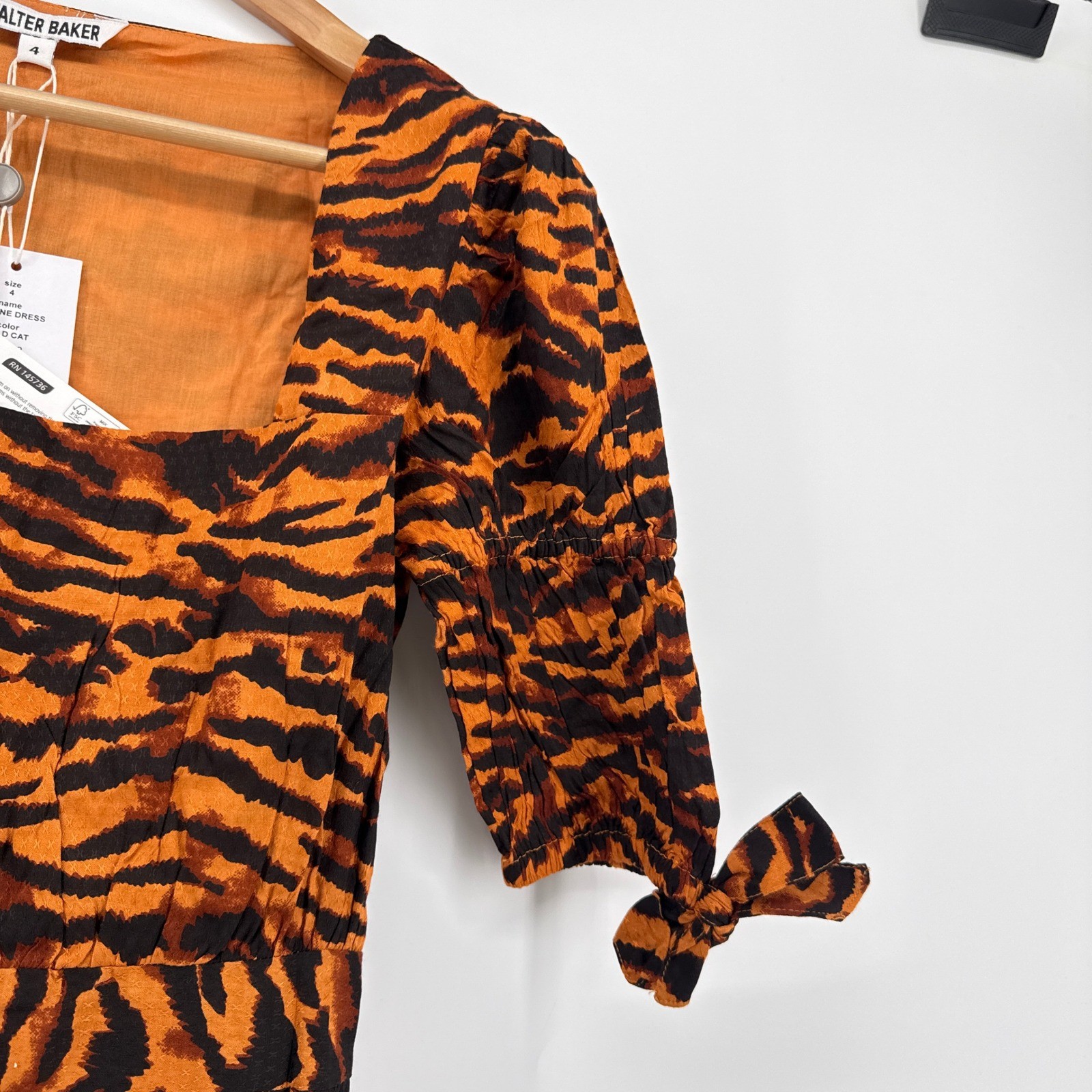 NWT Walter Baker Yosline Dress Wild Cat Tiger Print Square Neck Orange Black 4