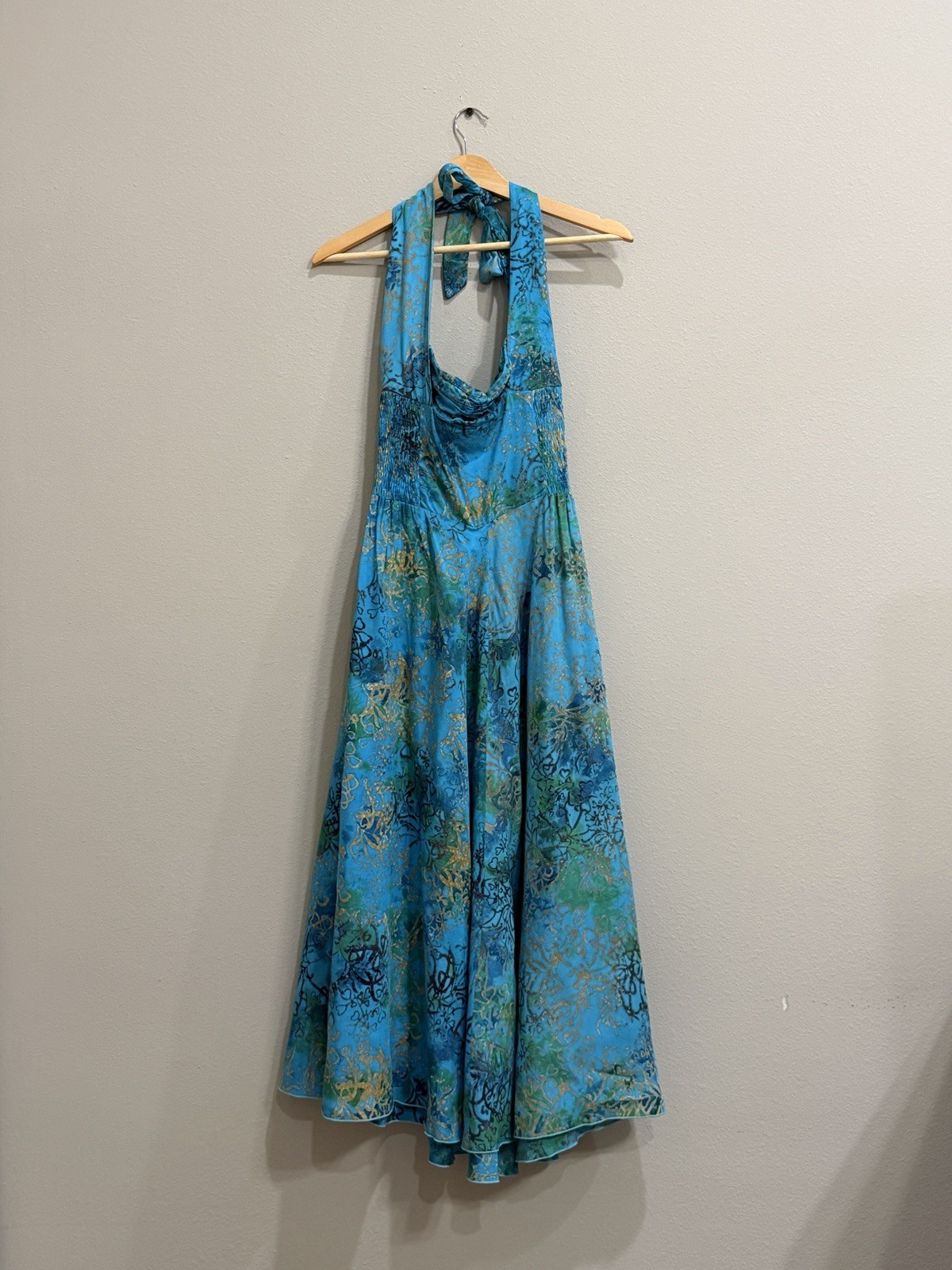 Bali Batiks Vintage A-Line Midi Halter Dress Large Hand Painted Resort Wear