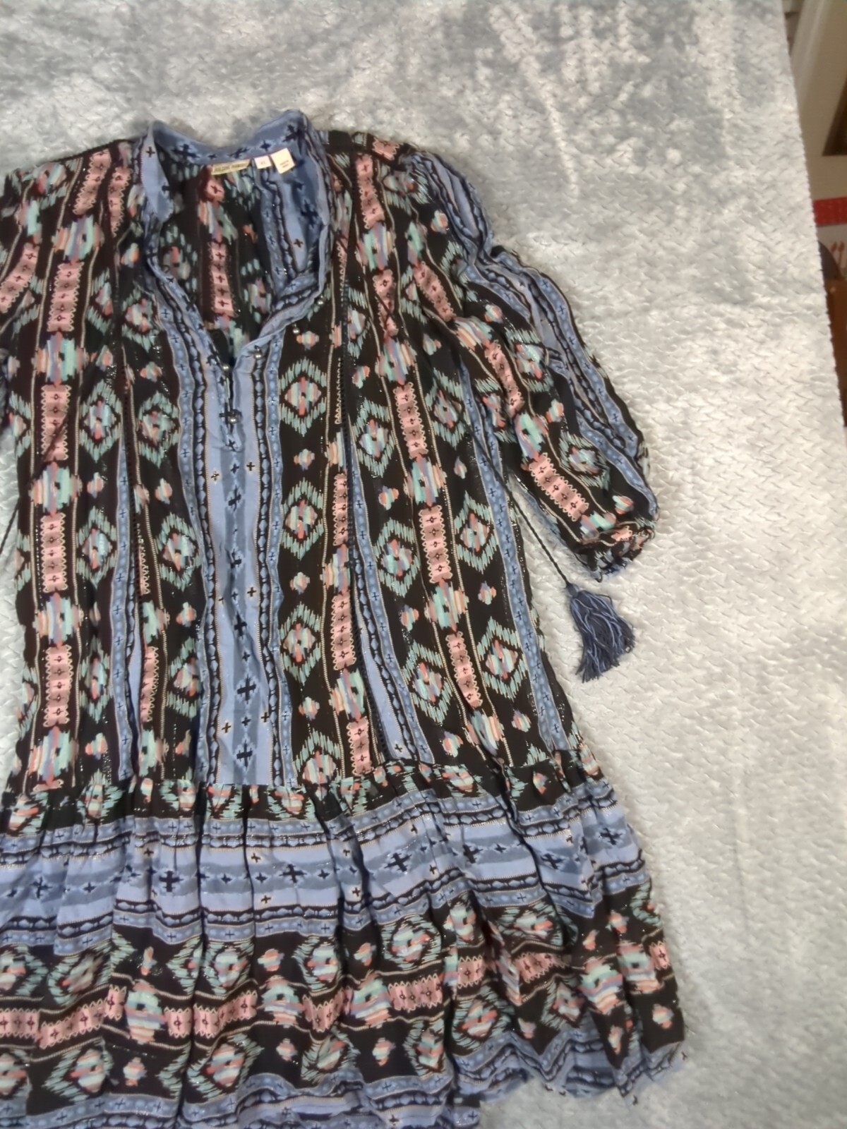 Holding Horses Anthropology Women’s Southwest Print Dress Ruffle Tassles XS Blue